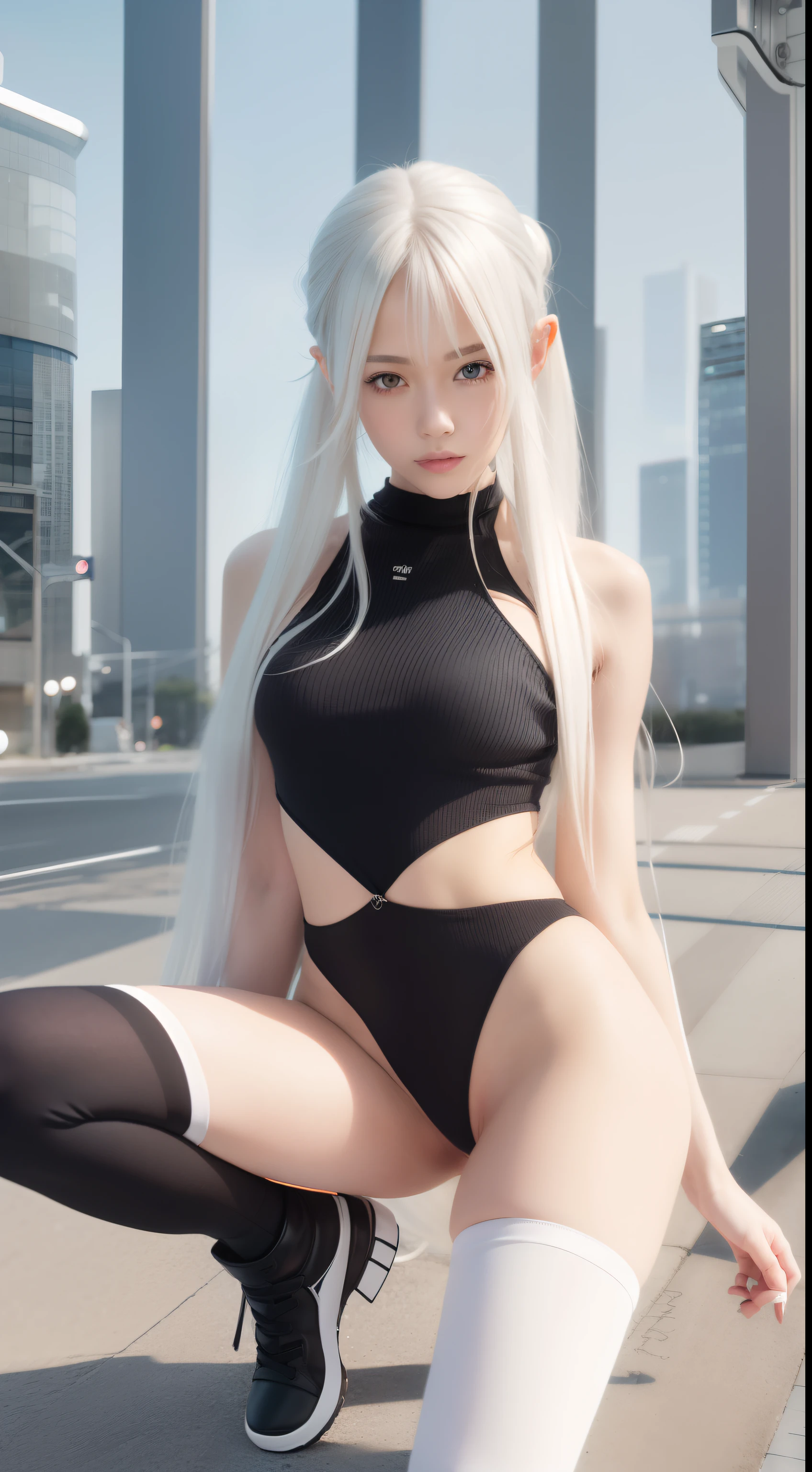 A world of only white, Black and gray(Futuristic Nordic city),20 years girl,masutepiece , Best Quality,The best illustrations(Soft texture),Nahida(GenshinImpact) ,very slender body,tiny chest,Skinny Legs,Long hair ,Side Ponytail, Hair Ornament ,Street, long boots,White hair , White hair , hand behind head:1.5,multicolored hair, elf ,Skinny Legs,smil,Tsundere,