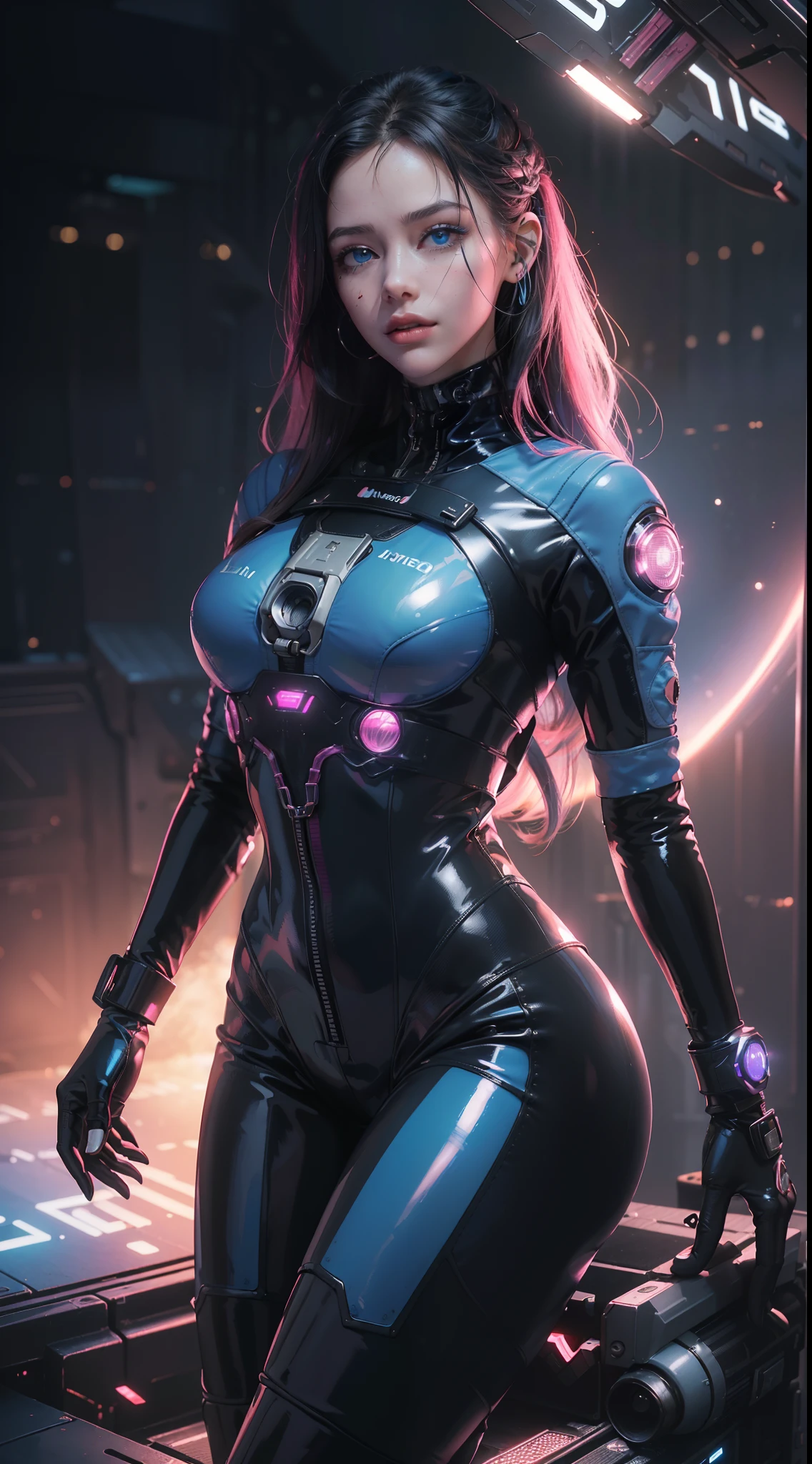 objeto Objeto], (detailed face features:1.3),.1girll，solamente，(cabello rosado:1.4)，ojos rosados，shelmet，cuerpo completosbian，(Spacesuit:1.4)，(Tight latex suit:1.4)，guantes，de pie，Q Version,feroz,dynamic shot, (foto RAW, 16k, obra maestra, La mejor calidad: 1.2), (Ultra realismo, Realismo hiperdetallado e intrincado: 1.3), (Amplia profundidad de campo, Mapeo radiante,(CyberpunkAI:1.4),（Beautiful and detailed eye description）,(manos:1.4),(fondo azules:1.4),