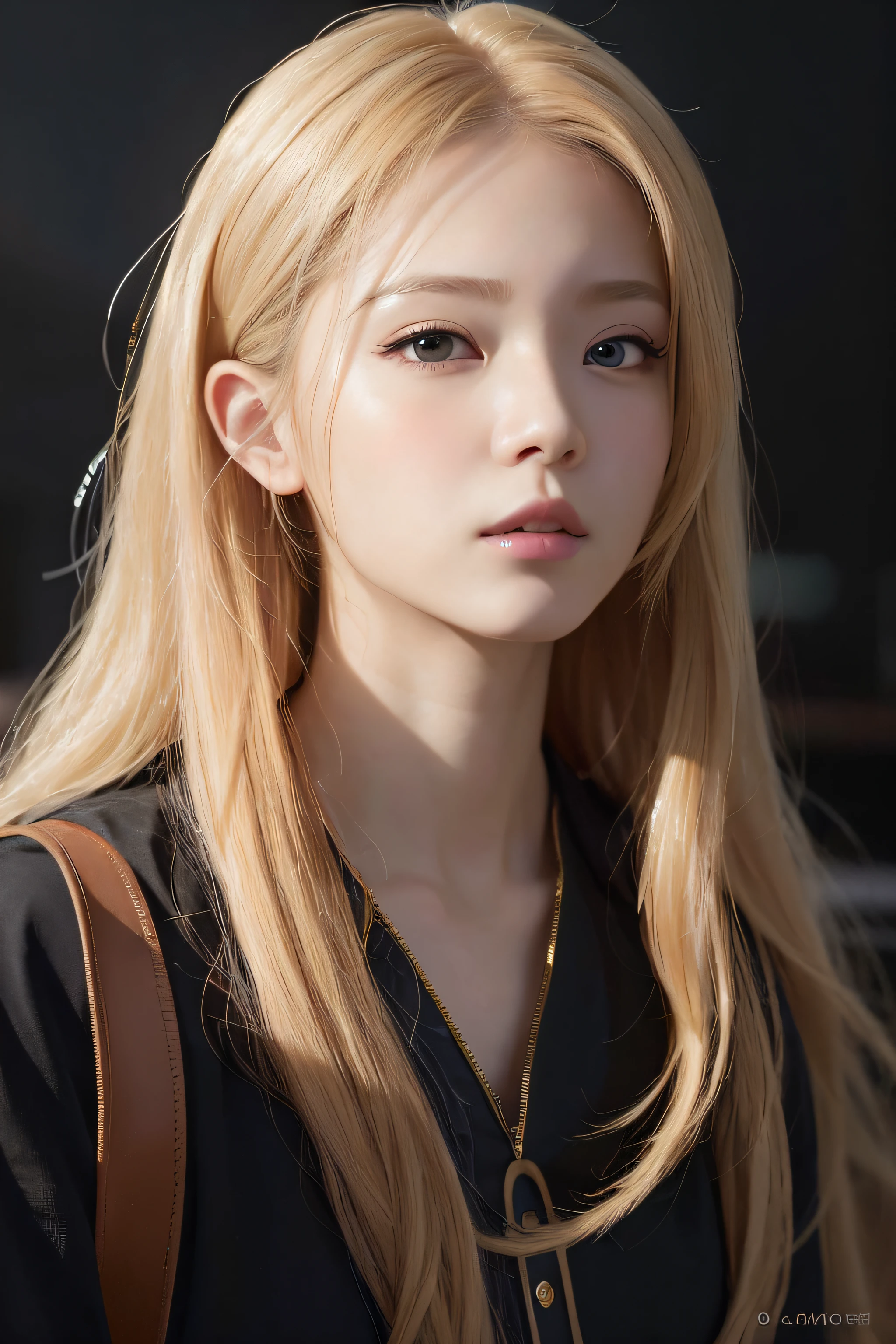 a woman with long blonde hair and a black shirt, a girl with blonde hair, realistic. cheng yi, realistic young anime girl, korean girl, cute natural anime face, long blonde hair and big eyes, ilya kuvshinov with long hair, beautiful south korean woman, beautiful anime portrait, beautiful aesthetic face, lovely delicate face, long blonde hair and large eyes