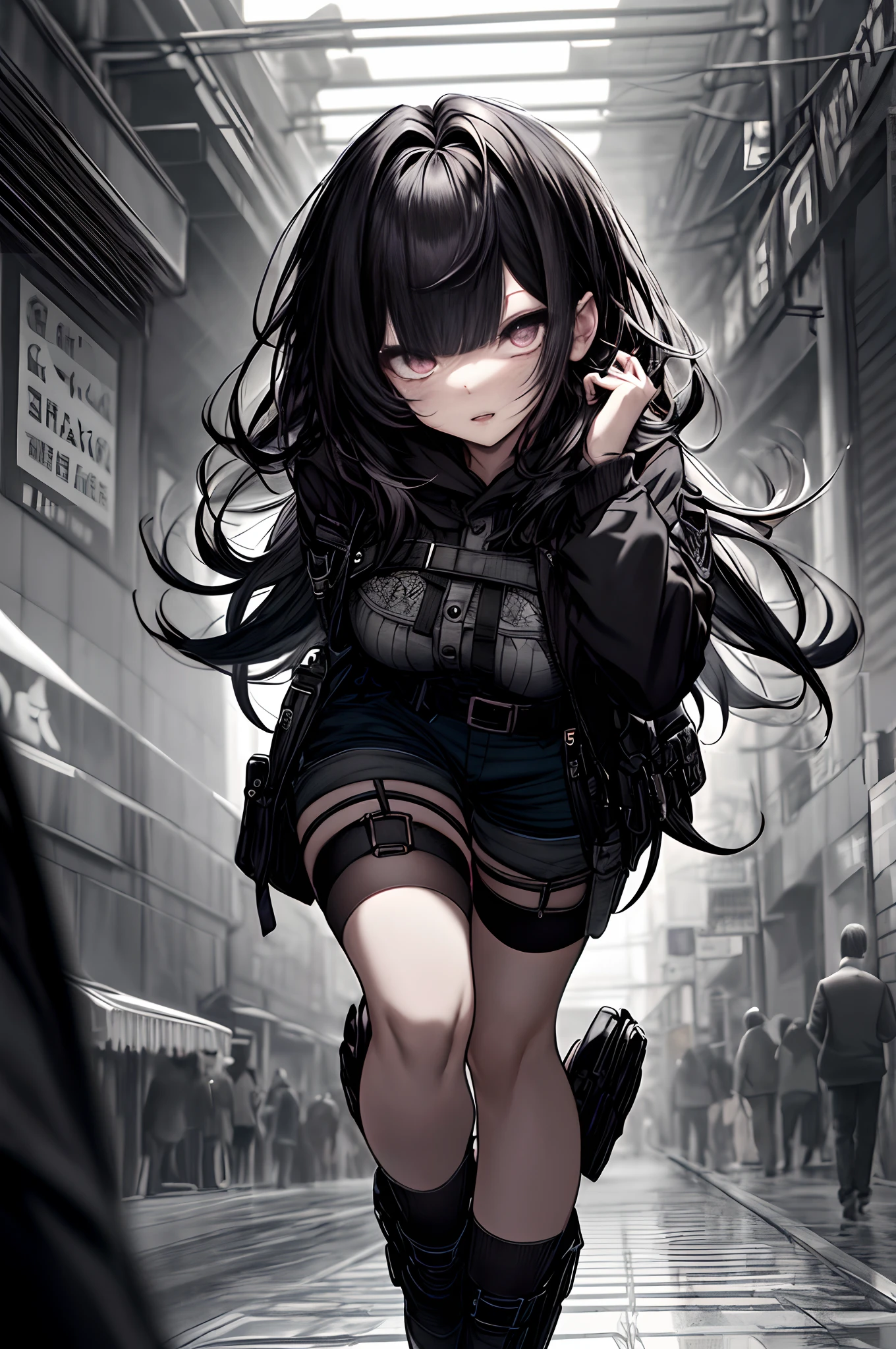 Wearing a hood、Black shorts、Background black、 Pause at the top, Long Black Hair, Gray eyes, holster, Garter belt on the legs, Moderately breasts, hands above your head, Moderate, Pichi Pichi clothes, both sides、Rosa、Rosa、dark in background、Full body、Bag、High School Costumes、long、校服、A dark-haired、Ahegao ( Silly / Sexual ecstasy)、Cross-eyed、Stranger、View other people、Blunt bangs、 over-kneehighs,Ahegao , Silly,Sexual ecstasy,Drunken eyes,Blunt bangs,,(masutepiece:1.2, Best Quality), (finely detailed beautiful eye: 1.2), (Detailed background,Dark Fantasy), (beautifull detailed face), High contrast, (Best Illumination, extremely delicate and beautiful), ((Cinematic Light)), Colorful, Hyper Detail, Dramatic light, Intricate details,
