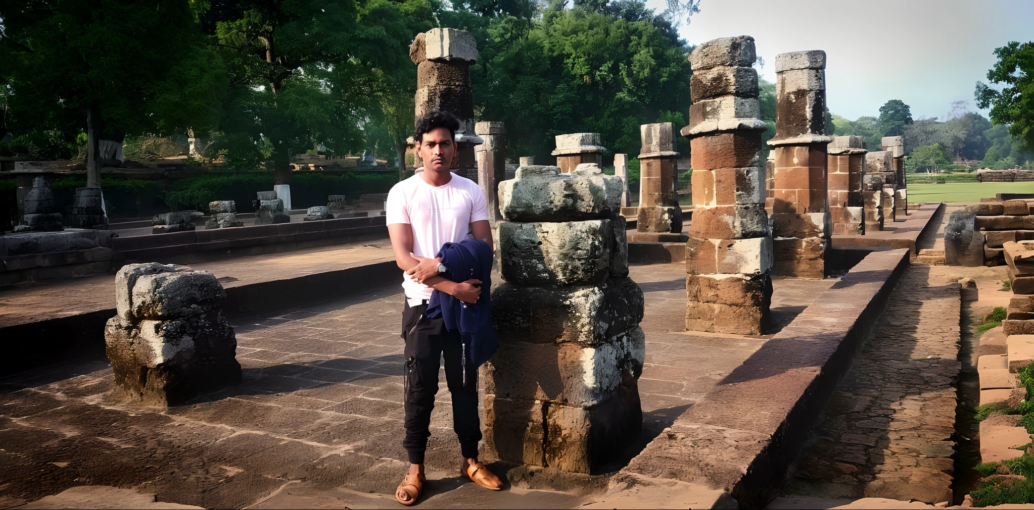 there is a man standing in front of a stone structure, at an ancient city, in front of a temple, at khajuraho, standing before ancient ruins, in a temple, in front of the temple, in an ancient altar, standing in a hindu kovil, in ancient city ruins, ruins in the background, standing over a tomb stone