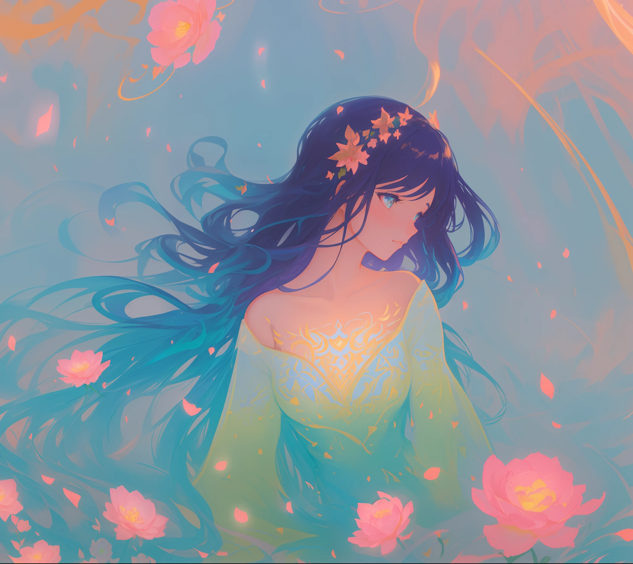 beautiful girl in flowing dress, long flowing dark hair, beautiful girl sitting in a field of flowers, meadow landscape, flower field background, flowers, vibrant pastel colors, (colorful), magical lights, sparkling lines of light, inspired by Glen Keane, inspired by Lois van Baarle, disney art style, by Lois van Baarle, glowing aura around her, by Glen Keane, jen bartel, glowing lights! digital painting, flowing glowing hair, glowing flowing hair, beautiful digital illustration, fantasia background, whimsical, magical, fantasy, beautiful face, ((masterpiece, best quality)), intricate details, highly detailed, sharp focus, 8k resolution, sparkling detailed eyes, liquid watercolor