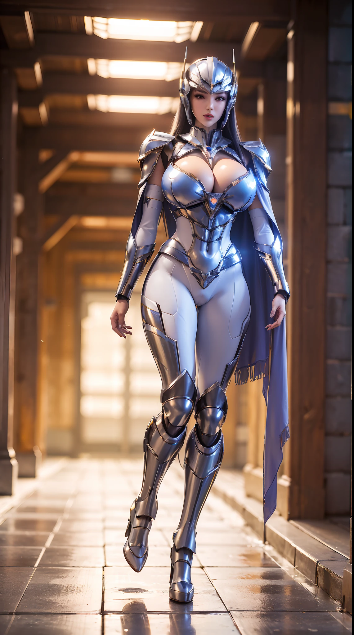 (1GIRL), (ssmile, red_libs, dark_hair), (mecha helmet:1.2), (BIG BUTTOCKS, HUGE FAKE BOOBS, CLEAVAGE:1.4), (PHOENIX MECHA GUARD ARM, GLOVES:1.3), (blue, white, gold, MECHA CYBER SHINY ARMORED SUIT, ROYAL CAPE, MECHA SKINTIGHT PANTS, GUARD ARMOR LEGS, HIGH HEELS:1.4), (MUSCULAR BODY, SEXY LONG LEGS, FULL BODY:1.5), (MUSCLE ABS:1.2), (LOOKING AT VIEWER:1.2), (WALKING DOWN HALLWAY OF FUTURISTIC SPACE STATION, BRIGHT LIGHTING:1), PHYSICALLY-BASED RENDERING, ULTRA HIGHT DEFINITION, 16K, 1080P.