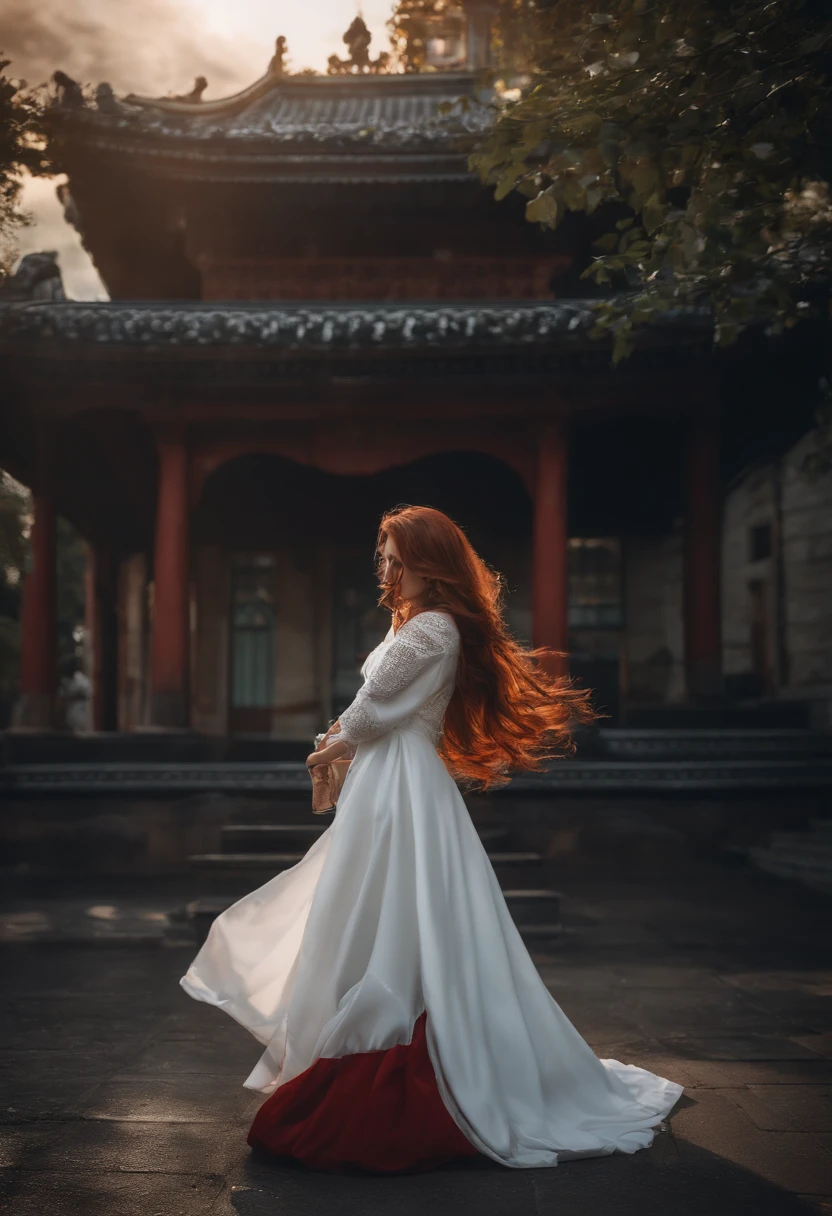 ((masutepiece,Best Quality)),8K Wallpaper,1girl in, Long hair, Red hair, Solo, Dress, Red Eyes, Looking at Viewer, Long sleeves, Standing, building, White Dress, gloves, Hair Ornament, Black jacket, Smile, Floating hair, Dutch Angle, Closed mouth, Looking away, Outdoors