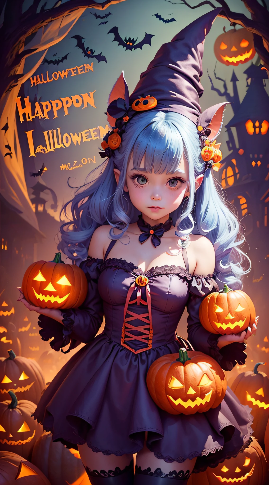 Create an enchanting illustration of a (cute and whimsical Halloween character:1.3) in a (monster costume:1.2) surrounded by (friendly ghosts:1.15) and (mystical creatures:1.1) on Halloween 2023, using vivid and (fantastic colors:1.2), in a (2:3 aspect ratio:1.1)