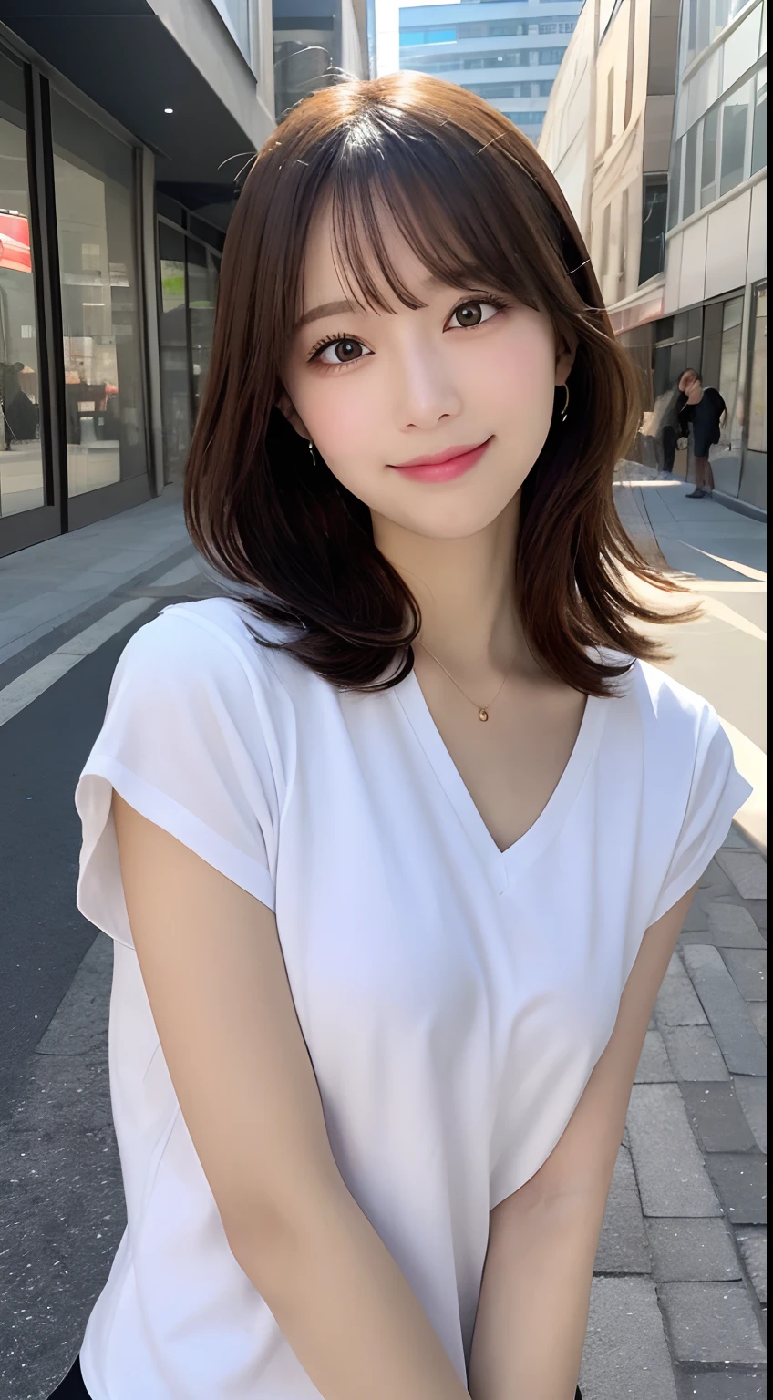 masutepiece, Best Quality, Illustration, Ultra-detailed, finely detail, hight resolution, 8K Wallpaper, Perfect dynamic composition, Beautiful detailed eyes, doress,Medium Hair, mid-chest, Natural Color Lip, Random and sexy poses,Smile,Aoyama Street Walk