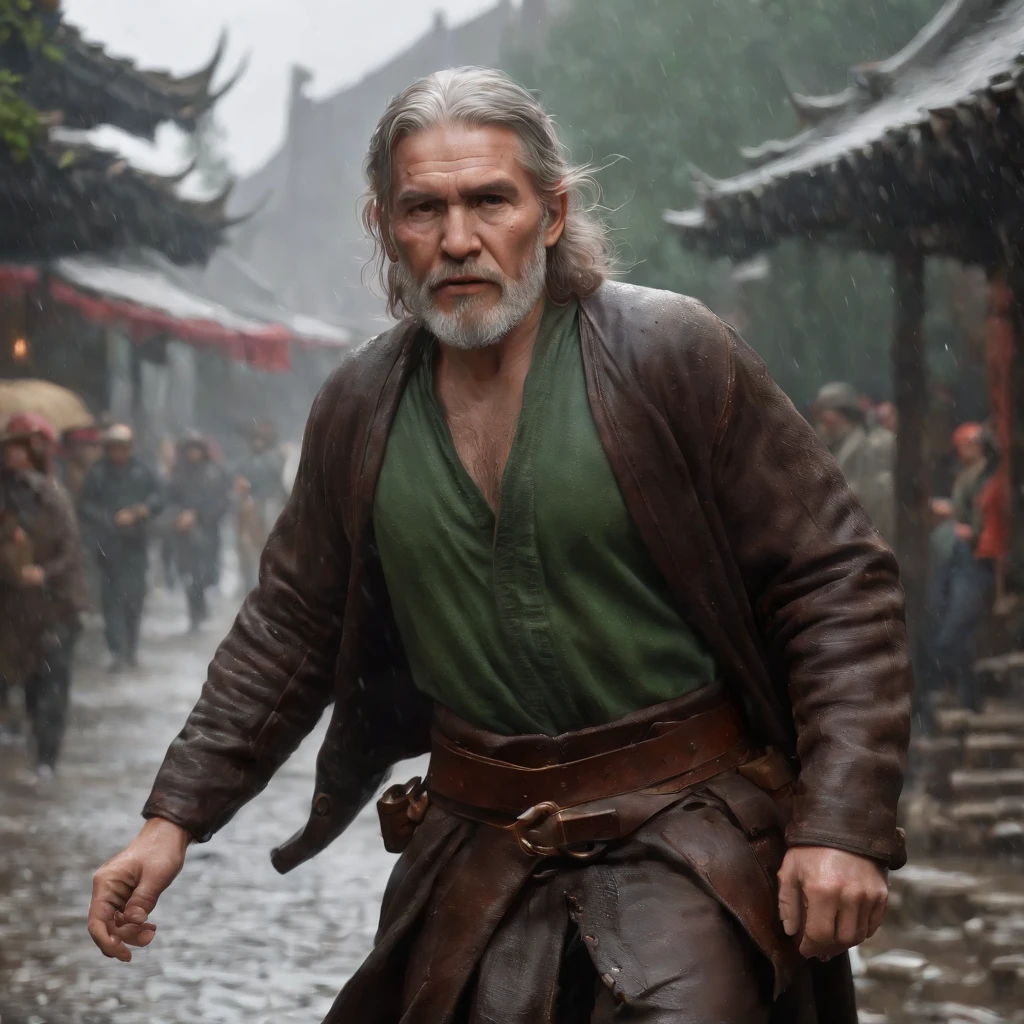 An old man dressed in green runs towards the camera (professional 3d render:1.3) af (Realistic:1.3) The most beautiful artistic photo in the world,Soft function, Bright male hero, ((Epic hero fantasy rough muscular man wet hero angry looks long hair, short beard and fierce expression in dynamic pose, Fantastic location, Majestic and cluttered environment)), Full body 8K unit rendering, action shot, skin pore, very dark lighting, heavy shading, A detailed, Detal Face, (vibration, Realistic photography, Realistic, Dramatic, darkly, foco nítido, 8K), (Old leather clothing damaged due to bad weather:1.4), ((((Use skins)))), (复杂:1.4), decadent, (highly detailed:1.4), digitial painting, rendering by octane, art stations, concept-art, Liso, foco nítido, illustration, From the germ of art, (loish:0.23), wlop ilya kuvshinov, e Greg Rutkowski e Alphonse Mucha Gracias, (global ilumination, studiolight, Light volume), very heavy rain, Floating particles, lotr, fanciful, biz, Inteiroesbian body, ((Dark and ancient city background:1.3)),CGSesocieda,art stations,With his back to the camera,Back Shadow,You can't see the face