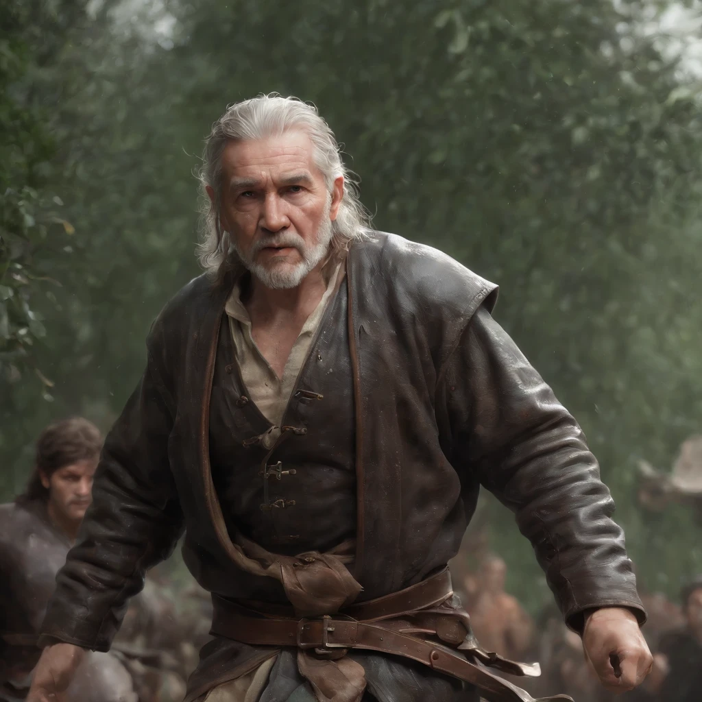 An old man dressed in green runs towards the camera (professional 3d render:1.3) af (Realistic:1.3) The most beautiful artistic photo in the world,Soft function, Bright male hero, ((Epic hero fantasy rough muscular man wet hero angry looks long hair, short beard and fierce expression in dynamic pose, Fantastic location, Majestic and cluttered environment)), Full body 8K unit rendering, action shot, skin pore, very dark lighting, heavy shading, A detailed, Detal Face, (vibration, Realistic photography, Realistic, Dramatic, darkly, foco nítido, 8K), (Old leather clothing damaged due to bad weather:1.4), ((((Use skins)))), (复杂:1.4), decadent, (highly detailed:1.4), digitial painting, rendering by octane, art stations, concept-art, Liso, foco nítido, illustration, From the germ of art, (loish:0.23), wlop ilya kuvshinov, e Greg Rutkowski e Alphonse Mucha Gracias, (global ilumination, studiolight, Light volume), very heavy rain, Floating particles, lotr, fanciful, biz, Inteiroesbian body, ((Dark and ancient city background:1.3)),CGSesocieda,art stations,With his back to the camera,Back Shadow,You can't see the face