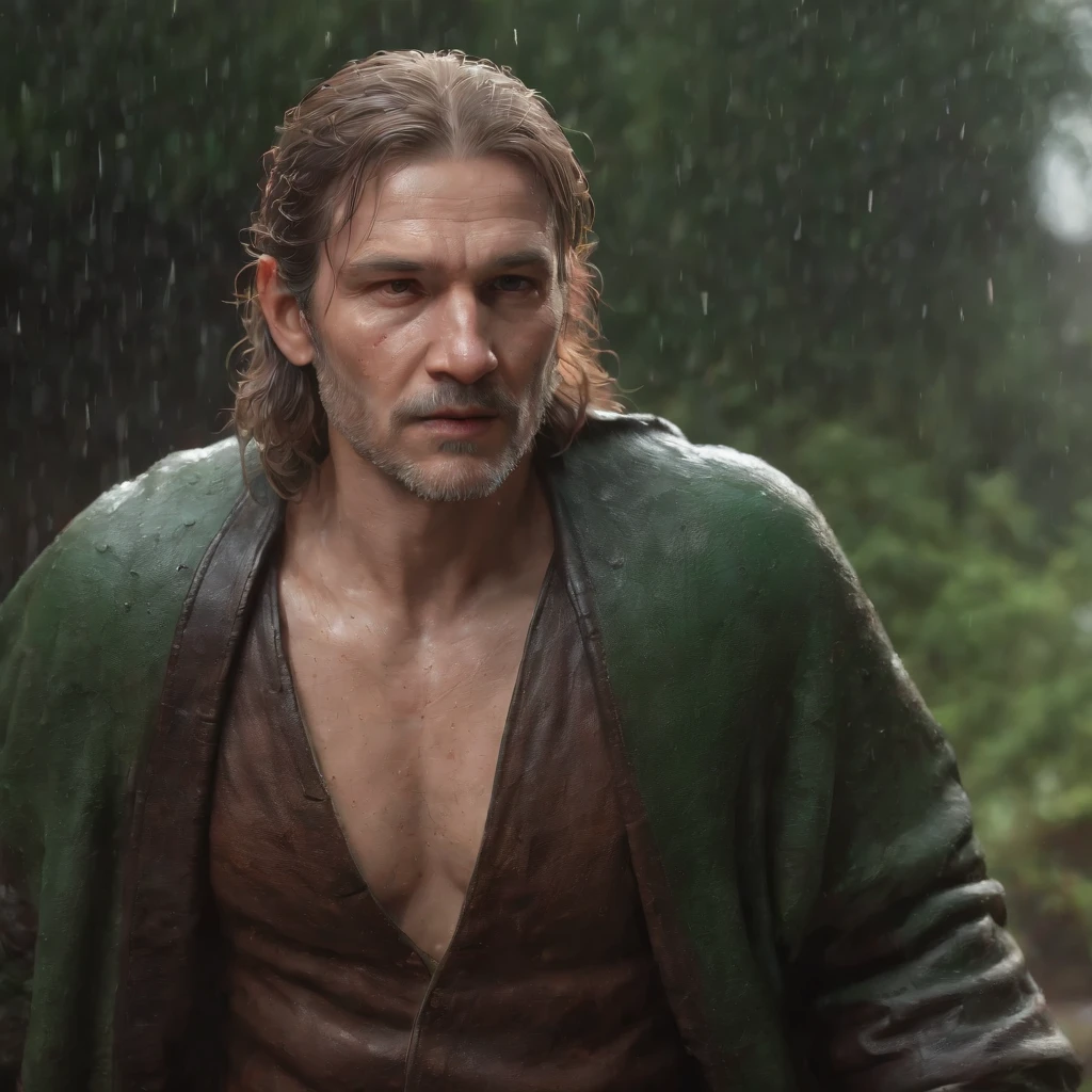 An old man dressed in green runs towards the camera (professional 3d render:1.3) af (Realistic:1.3) The most beautiful artistic photo in the world,Soft function, Bright male hero, ((Epic hero fantasy rough muscular man wet hero angry looks long hair, short beard and fierce expression in dynamic pose, Fantastic location, Majestic and cluttered environment)), Full body 8K unit rendering, action shot, skin pore, very dark lighting, heavy shading, A detailed, Detal Face, (vibration, Realistic photography, Realistic, Dramatic, darkly, foco nítido, 8K), (Old leather clothing damaged due to bad weather:1.4), ((((Use skins)))), (复杂:1.4), decadent, (highly detailed:1.4), digitial painting, rendering by octane, art stations, concept-art, Liso, foco nítido, illustration, From the germ of art, (loish:0.23), wlop ilya kuvshinov, e Greg Rutkowski e Alphonse Mucha Gracias, (global ilumination, studiolight, Light volume), very heavy rain, Floating particles, lotr, fanciful, biz, Inteiroesbian body, ((Dark and ancient city background:1.3)),CGSesocieda,art stations,With his back to the camera,Back Shadow,You can't see the face