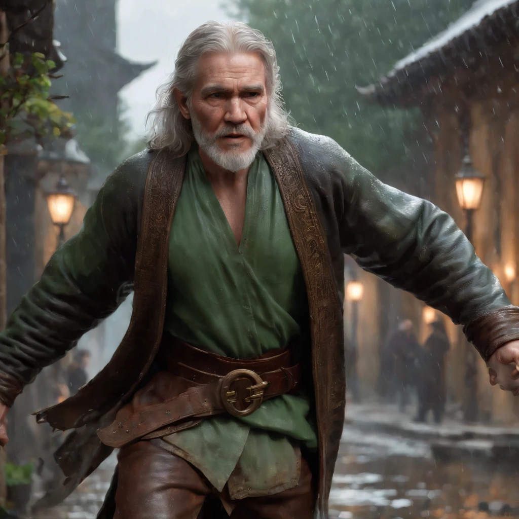 An old man dressed in green runs towards the camera (professional 3d render:1.3) af (Realistic:1.3) The most beautiful artistic photo in the world，Soft function, Bright male hero, ((Epic hero fantasy rough muscular man wet hero angry looks long hair, short beard and fierce expression in dynamic pose, Fantastic location, Majestic and cluttered environment)), Full body 8K unit rendering, action  shot, skin pore, very dark lighting, heavy shading, A detailed, Detal Face, (vibration, Realistic photography, Realistic, Dramatic, darkly, foco nítido, 8K), (Old leather clothing damaged due to bad weather:1.4), ((((Use skins)))), (复杂:1.4), decadent, (highly  detailed:1.4), digitial painting, rendering by octane, art  stations, concept-art, Liso, foco nítido, illustration, From the germ of art, (loish:0.23), wlop ilya kuvshinov, e Greg Rutkowski e Alphonse Mucha Gracias, (global ilumination, studiolight, Light volume), very heavy rain, Floating particles, lotr, fanciful, biz, Inteiroesbian body, ((Dark and ancient city background:1.3)),CGSesocieda,art  stations，With his back to the camera，Back Shadow，You can't see the face