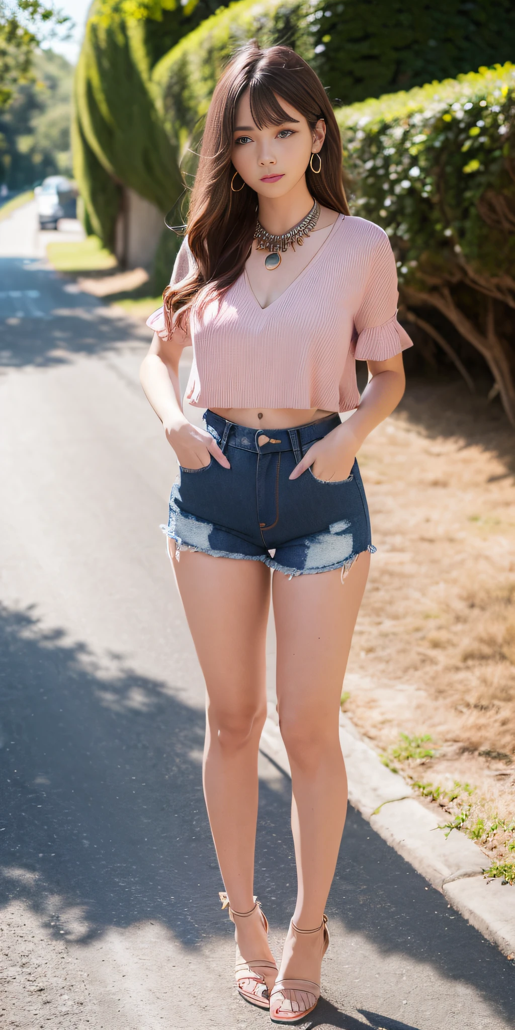 (((full body view))), (only 1 woman),19 years old, (masterpiece, intricate details), beautiful Irish woman with a symmetrical face, perfect body, beautiful landscapes, shiny skin (perfect hands), long brown hair, bangs, half bangs, magenta eyes, pink earrings, rings on the right pinky, (((30% short pink blouse with bare shoulders and a lot of v-neck, 10% denim shorts))), under the breast leaf-shaped jade necklace