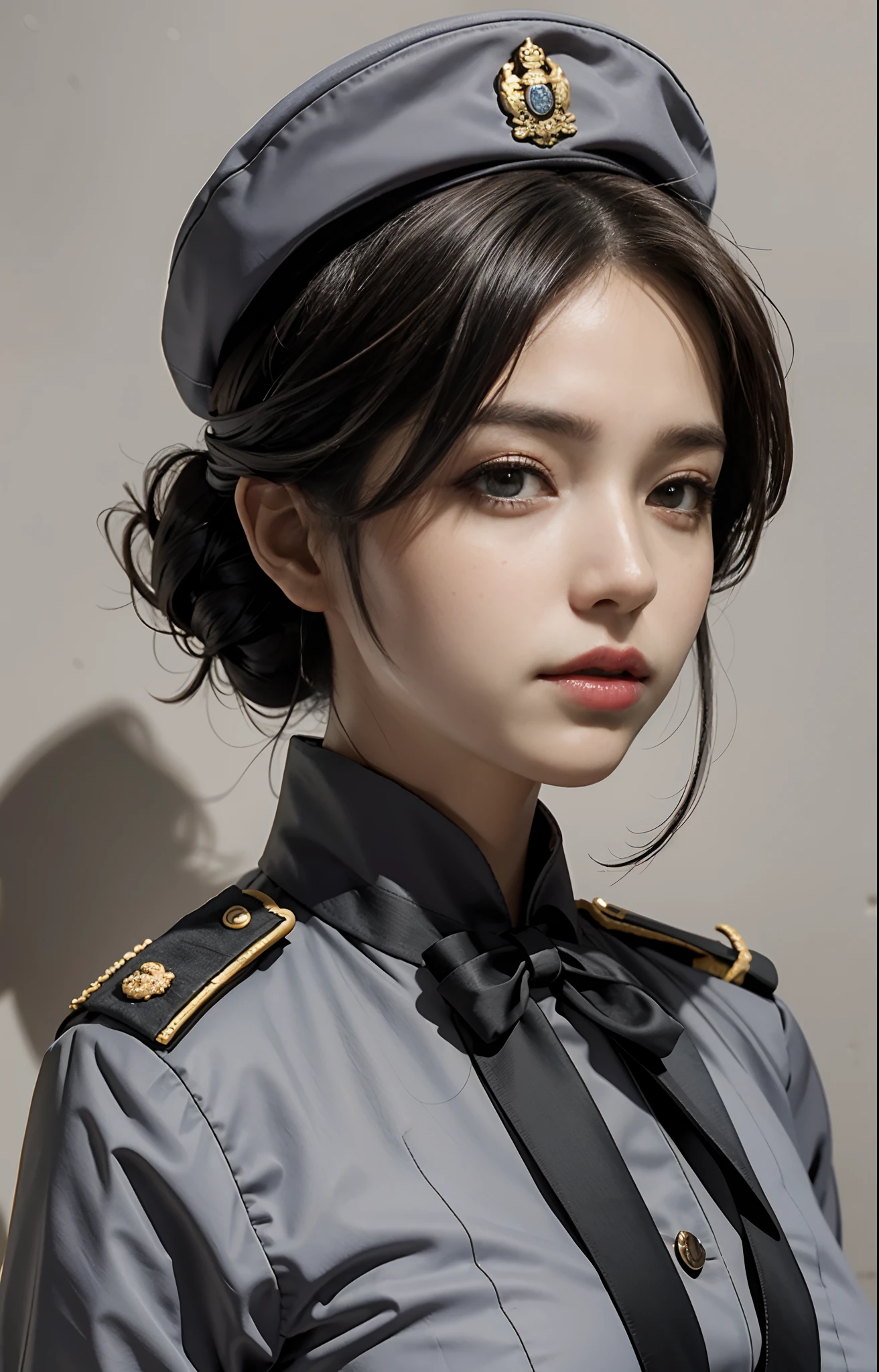 Highest image quality, outstanding details, ultra-high resolution, (realism: 1.4), ((close up:0.55)), the best illustration, favor details, highly condensed 1lady, 40 years old, with beautiful and a delicate face, perfect proportion, (straight standing, chubby:0.4), ((short-hair, updo-style)), (salute, straight standing, chubby:0.2), (wearing manner military uniform and military hat), captain, background simple grey wall,