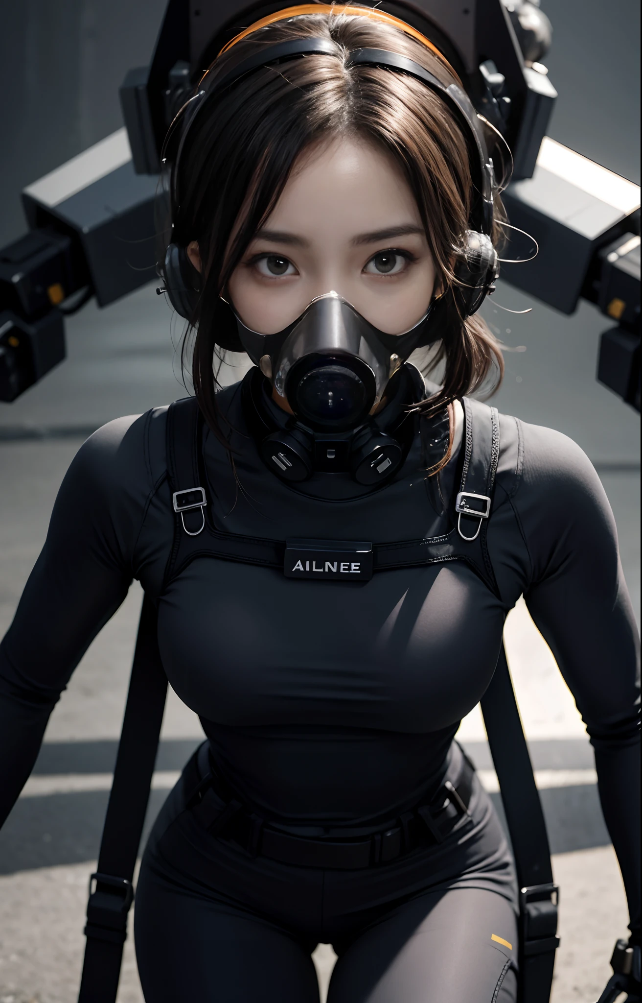 Highest image quality, outstanding details, ultra-high resolution, (realism: 1.4), ((close up:0.75)), highly condensed 1 lady, with beautiful and a delicate face, perfect proportion, aiming the viewer, ((aiming the viewer)), (chubby:0.3, small breasts), (cloths color base ratio black:0.2 white:0.6 other-color:0.1), (wearing rash-guard likes police uniform, black and gray mecha, wearing high-tech heavy gasmask, military harness, holding a machinegun, carrying hich-tech-flamethrower -tank on back), captain, background simple grey wall,