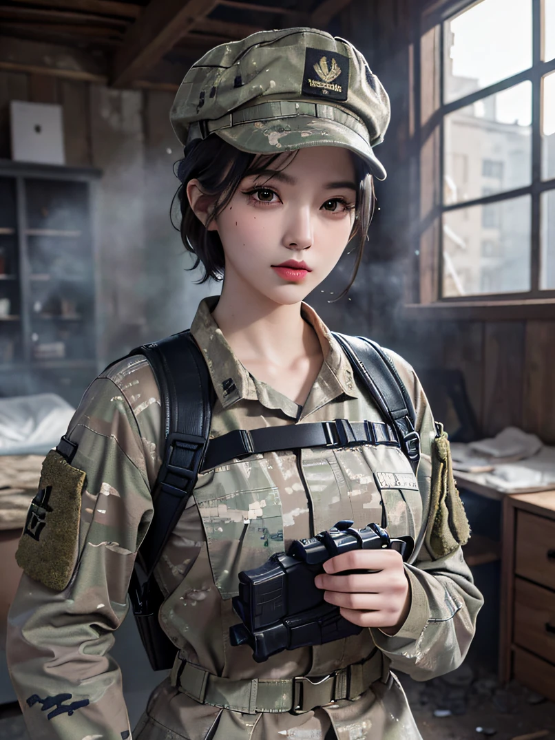 （​masterpiece、ultra fine photos、top-quality、超A high resolution、Photorealsitic、foco nítido、bustshot）、Beautiful Female Soldier、delicated face、fair white skin、High Detail Skin、realistic skin detail、Cropped Shorthair、Camouflage Cap、Combat equipment、Army long sleeve camouflage uniform over black undershirt、Camouflage pants、Combat gloves、Holding the rifle with both hands、rucksack、Detailed and complex busy background、A room in an abandoned building、White smoke、Detailed face and chest depiction、Detailed hand depiction、combat pose、Dynamic action、watching at viewers