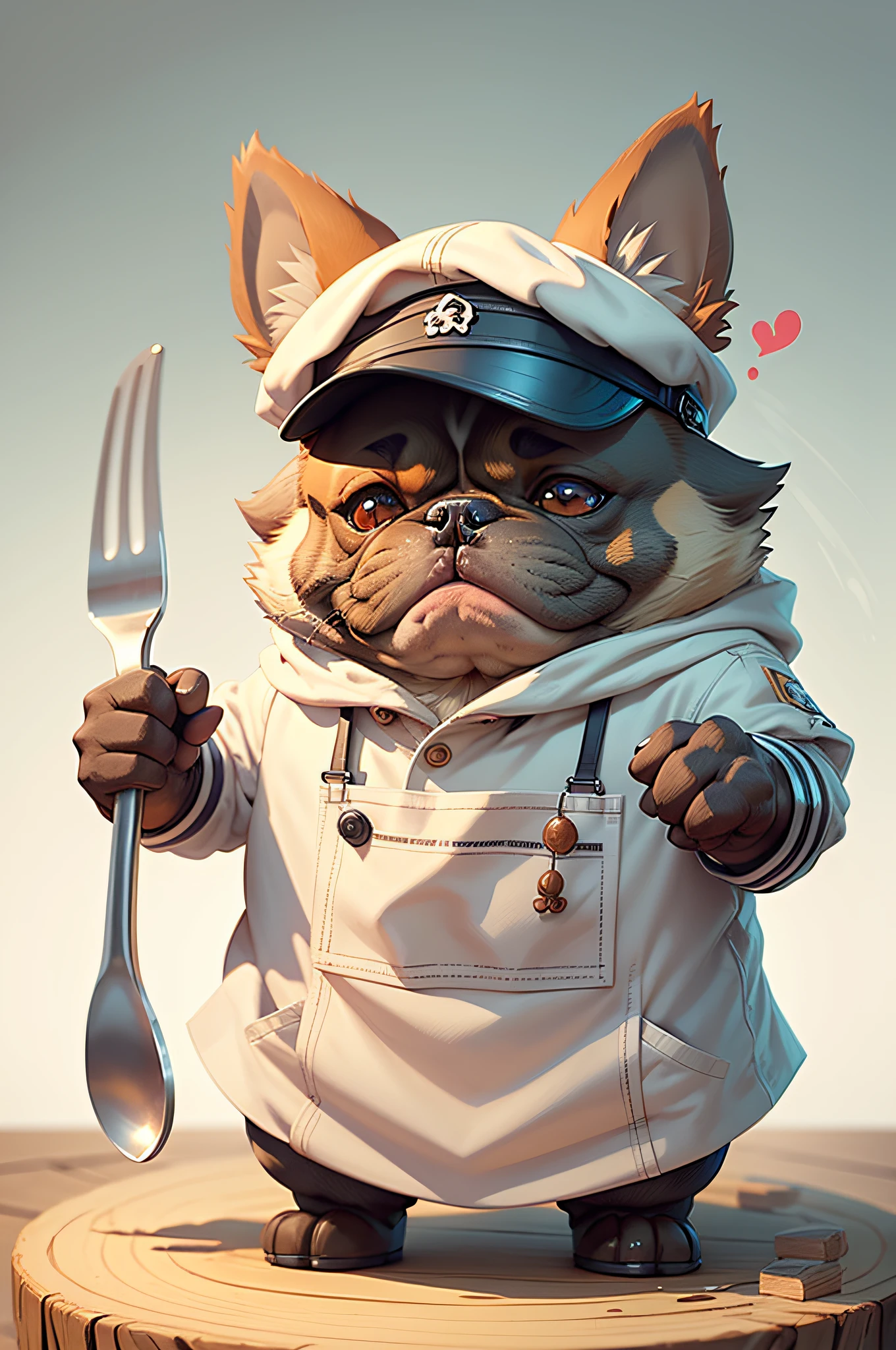 C4tt4stic,Cooking cartoon of a French chef、Anthropomorphic French bulldog dog(drooping ears、chef hat、White workwear)