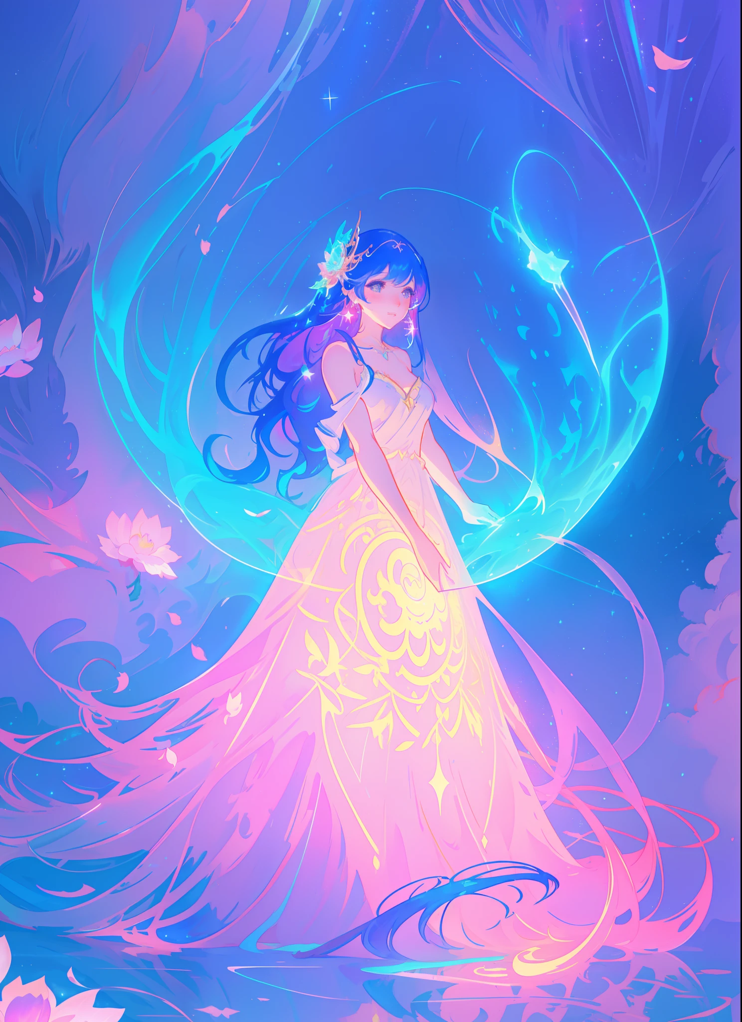 beautiful girl in flowing ballgown, otherworldly landscape background, magical circle of blue light, vibrant pastel colors, (colorful), magical lights, sparkling lines of light, inspired by Glen Keane, inspired by Lois van Baarle, disney art style, by Lois van Baarle, glowing aura around her, by Glen Keane, jen bartel, glowing lights! digital painting, flowing glowing hair, glowing flowing hair, beautiful digital illustration, fantasia background, whimsical, magical, fantasy, beautiful face, ((masterpiece, best quality)), intricate details, highly detailed, sharp focus, 8k resolution, sparkling detailed eyes, liquid watercolor