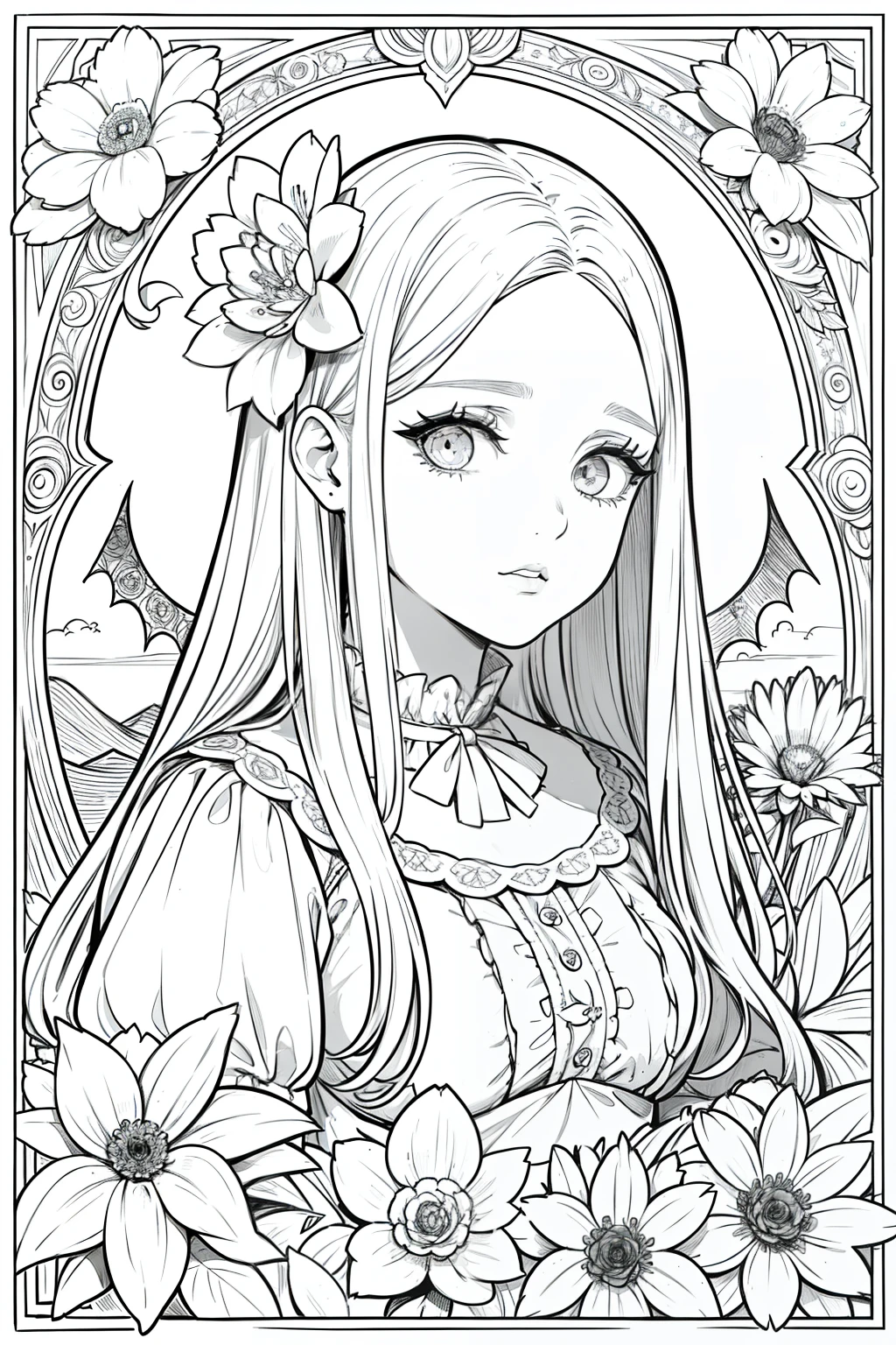 obra maestra, superlativo, Hermosa joven bruja, hembra , solamente, Halloween bonito , flower line drawing background, fondo blanco, monocromatic, Dibujo lineal, ((bosquejo)), asustadizo, Gato blanco con ojos blancos, ojos blancos