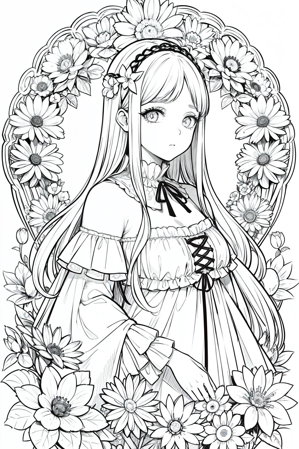 obra maestra, superlativo, Hermosa joven bruja, hembra , solamente, Halloween bonito , flower line drawing background, fondo blanco, monocromatic, Dibujo lineal, ((bosquejo)), asustadizo, Gato blanco con ojos blancos, ojos blancos