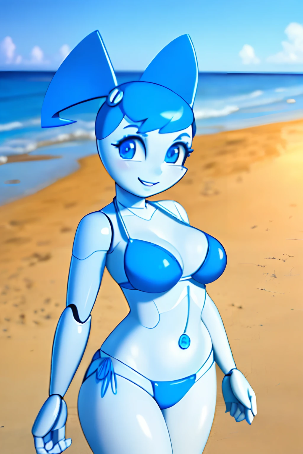 masterpiece, best quality, highres,  beautiful and detailed portrait of jenny wakeman, sexy, seductive, smile, blue eyes, standind at the beach, hands behind her head, white, metallic robotic skin, robot joints, blue bikini