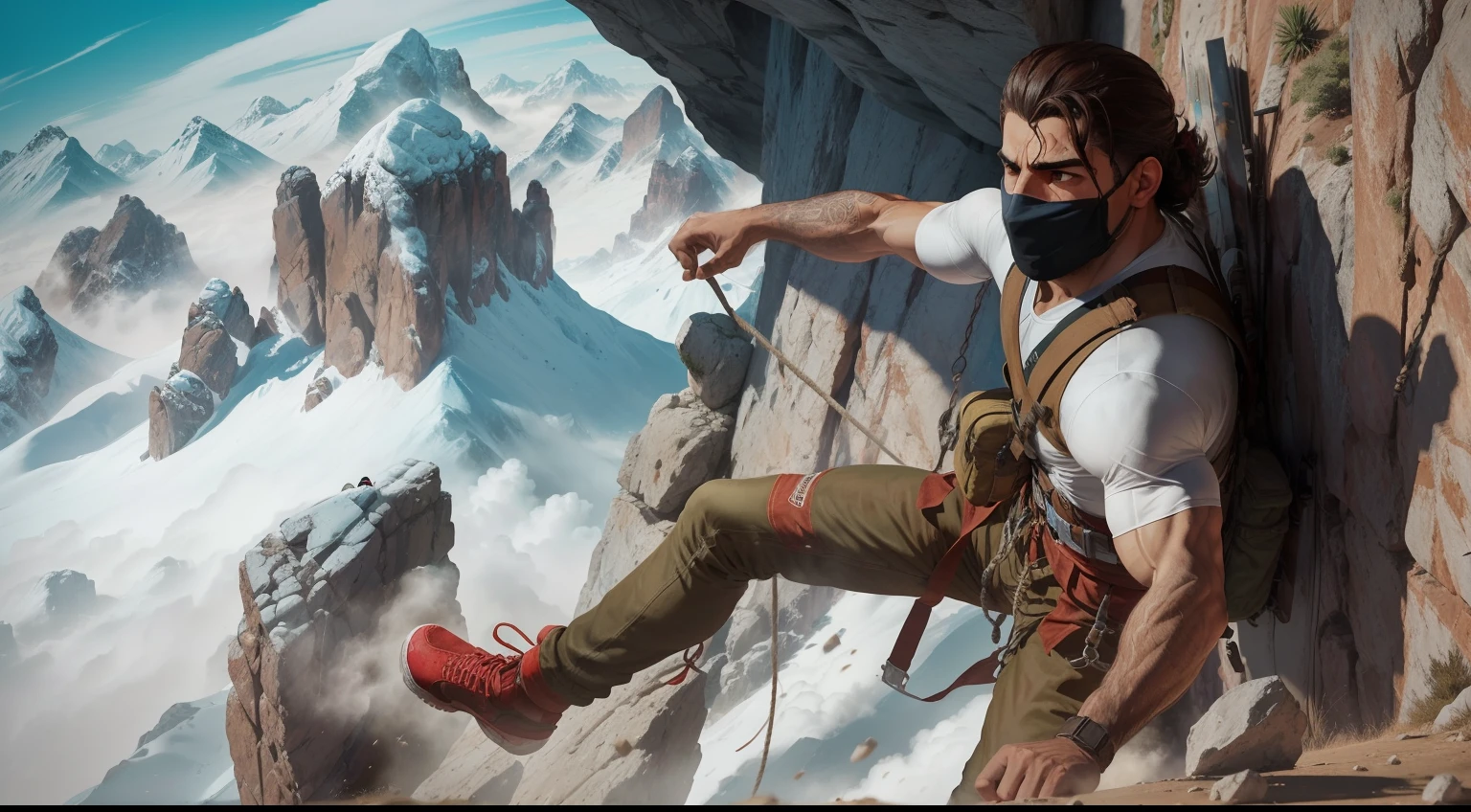 En esta imagen, Podemos ver a un guerrero escalando un pico. His body stretched, sus manos y pies aferrados a la roca. Their muscles are well-defined and they seem to have been training for this moment for a long time. We can see his face covered in sweat and he is overcoming his fear of altitude breathing rapidly. Sus ojos estaban fijos en el blanco, with unwavering determination. Rodeado de imponentes rocas y acantilados, Gives an exciting feeling. The painting adopts an oblique composition and a distant view, allowing the public to feel the danger and challenge of climbing to the top. Todo el panorama es muy impactante, Y la gente no puede evitar suspirar ante el coraje y la tenacidad de los guerreros.