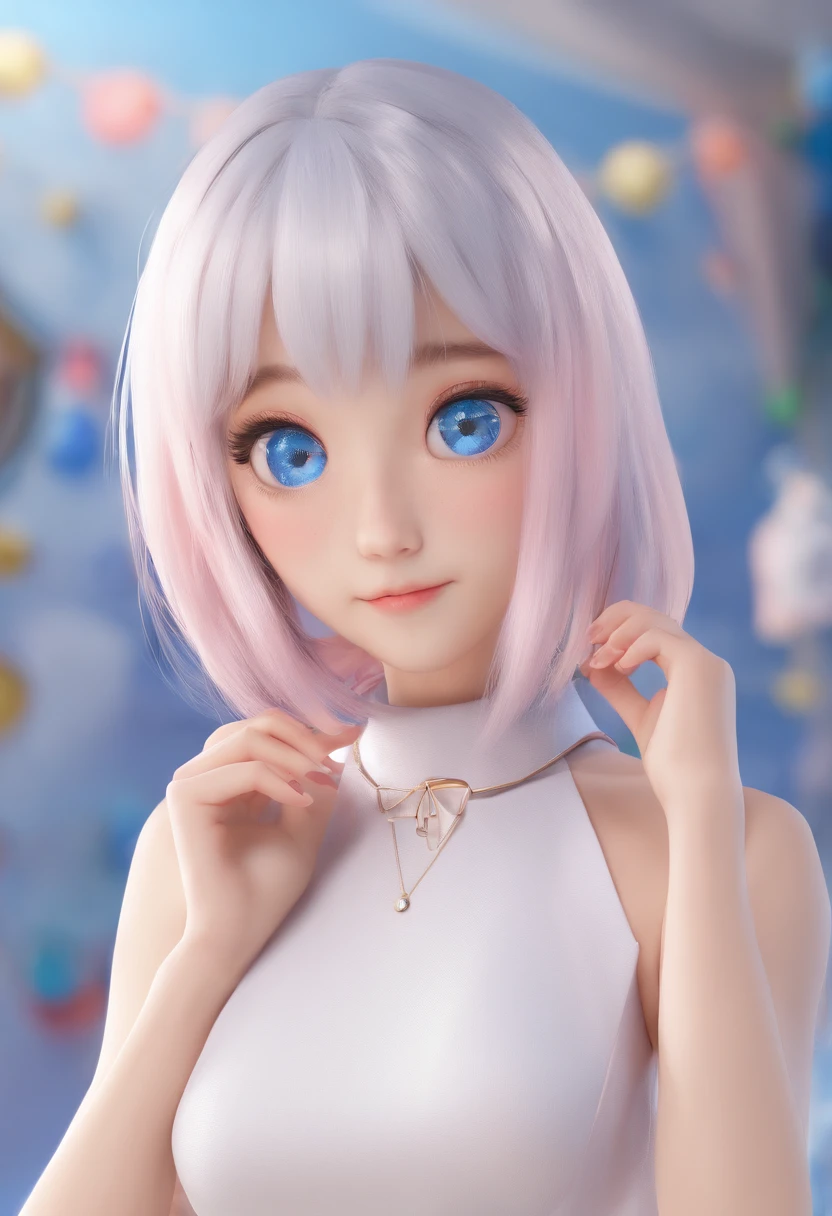 Masterpiece, Best Quality, hight resolution, serena (pokemon), Short hair, blue eyes, 1girl, 独奏, blue ribbon, Lashes, neck ribbon, Sleeveless, Bangs, 鎖骨, bare arms, Pink Dress , red coat, whitebackground, front, Without decorations, looking at the viewer,upper-body, facing viewer, Plain background, clean background, facing the camera, High Resolution, Expressionless calm face, white background, looking at the side, simple_Background