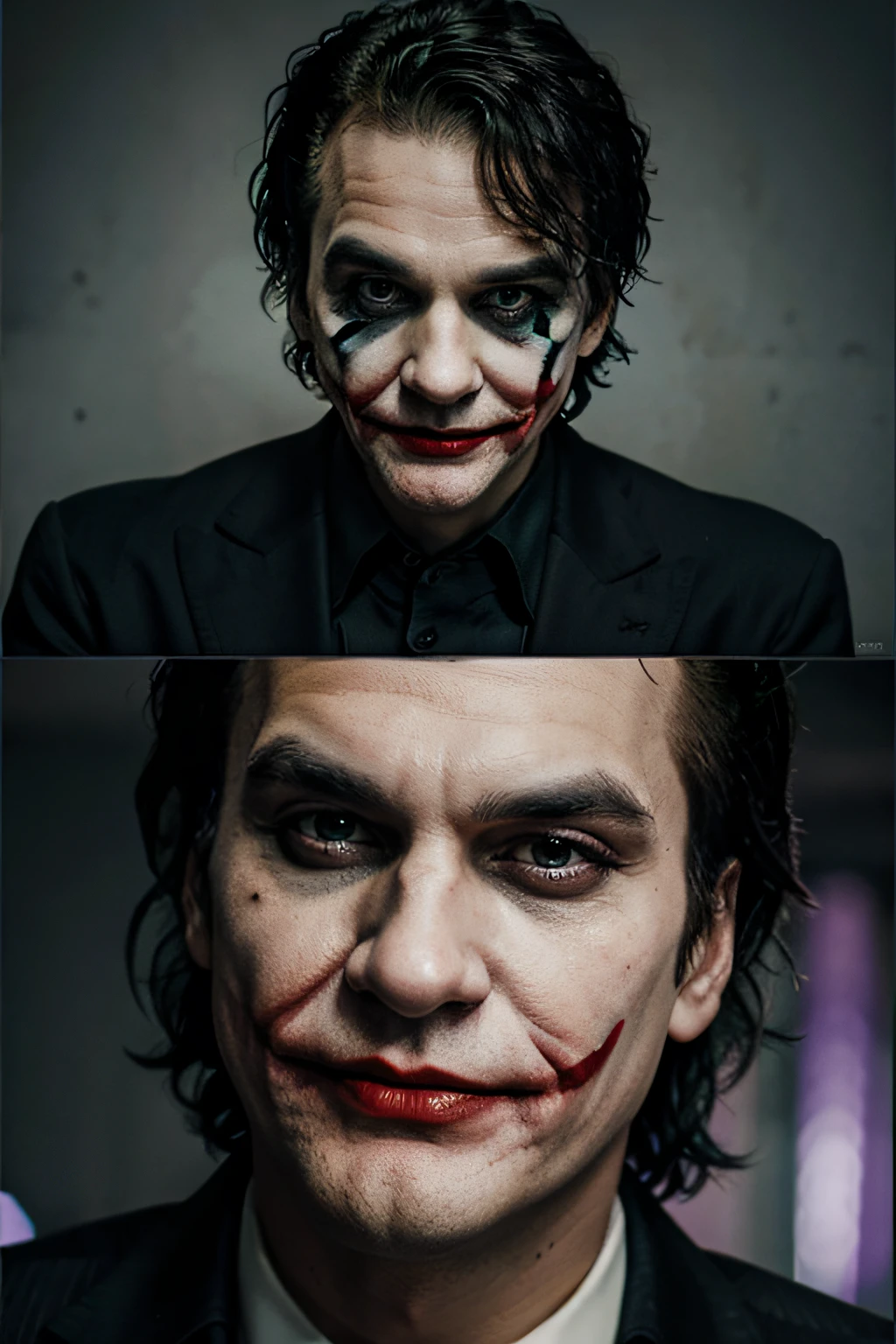 2 coringas, 2 coringas em uma sala, interrogation room, 1 coringa na direita e 1 coringa na esquerda, 2 cadeiras, mesa no meio, interrogation room, terno roxo, cabelo verde