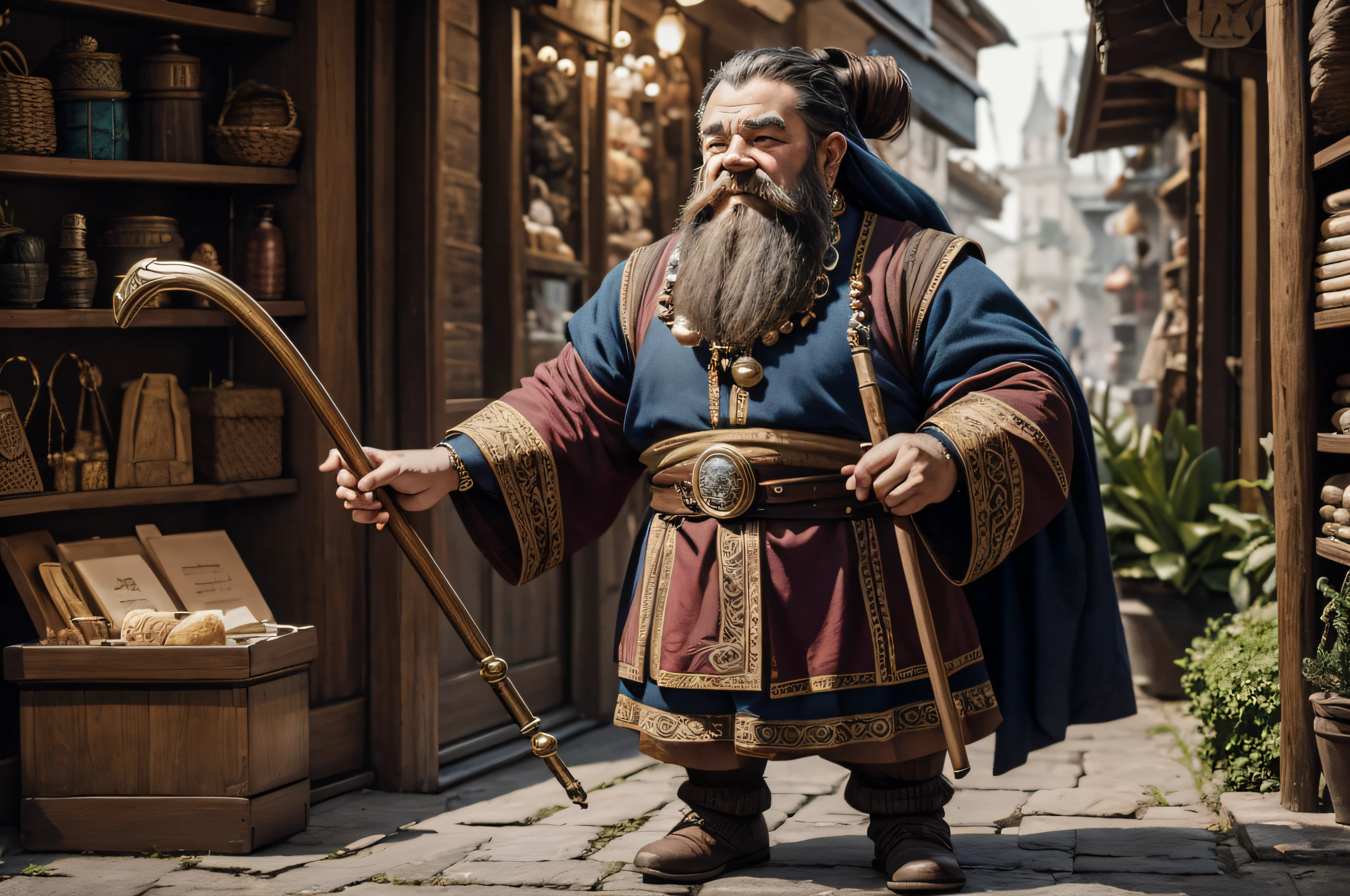 a dwarf merchant in elegant clothes and expensive jewelry, holding a cane