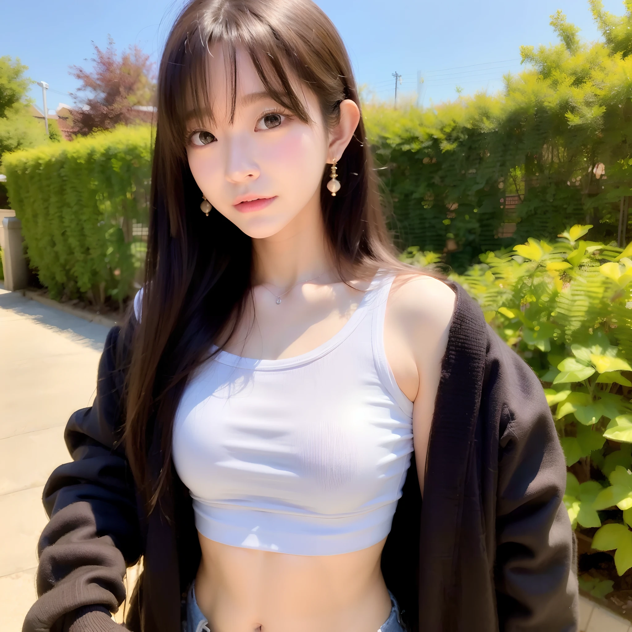 1girl walking on the garden, mix4, solo, tight crop top, (black crop top:1.1), fur trimmed jacket, (brown jacket:1.2), mini skirt, armpit, realistic, necklace, earrings, solo, holding a women bag, handbag,(masterpiece),(photorealistic:1.3), ultra-detailed, (high detailed skin:1.2),(best quality:1.0), (ultra highres:1.0), long hair, blush, (soft glow bloom:0.5)