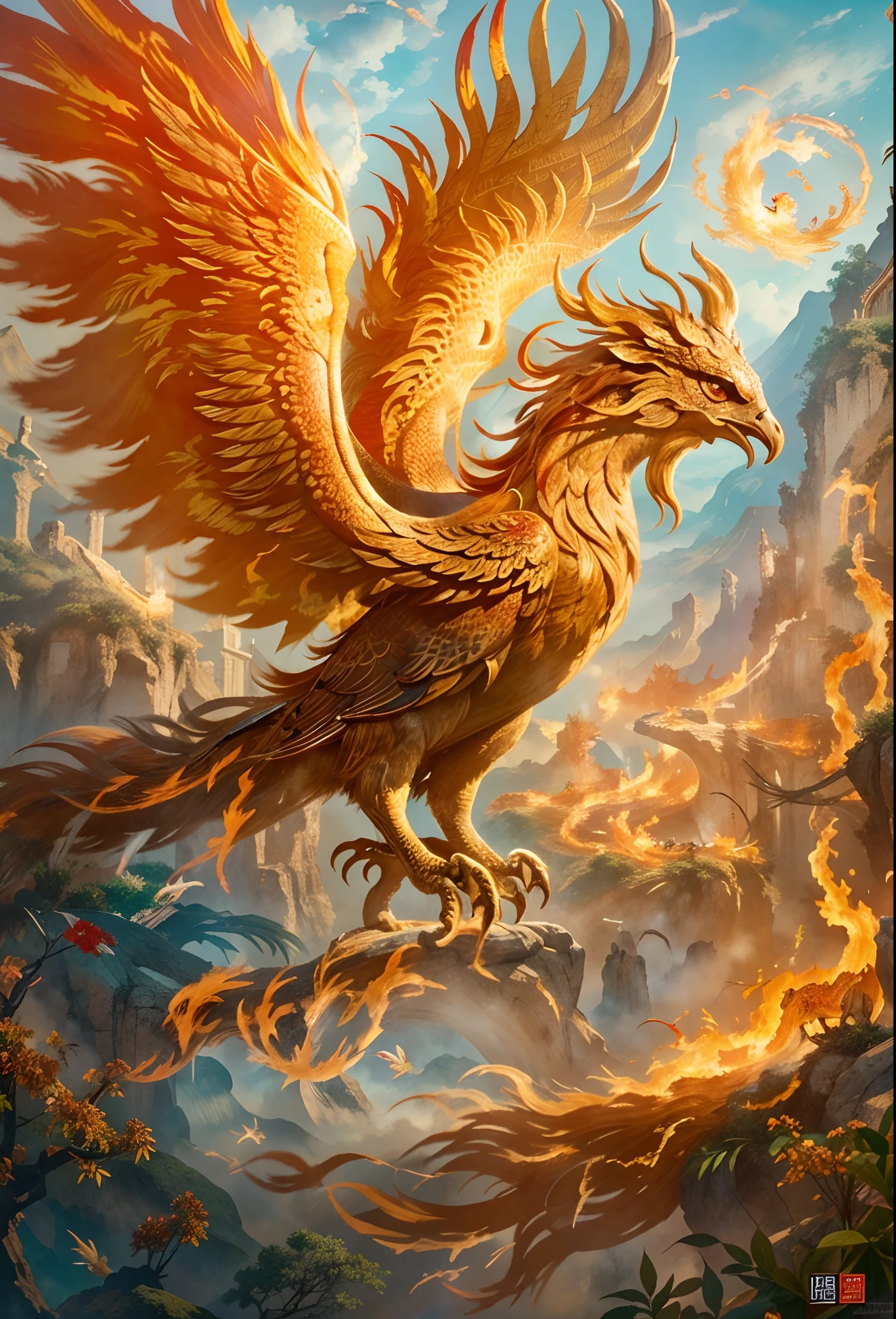mythological creatures,((Chinese mythology fire phoenix)),Traditional Chinese elements,Ancient murals,Illustrative myths,Fuyao Legend,Dappled light,Hazy haze,mystical aura,tmasterpiece,k hd,Rich in color,Detailed details,Seven colors