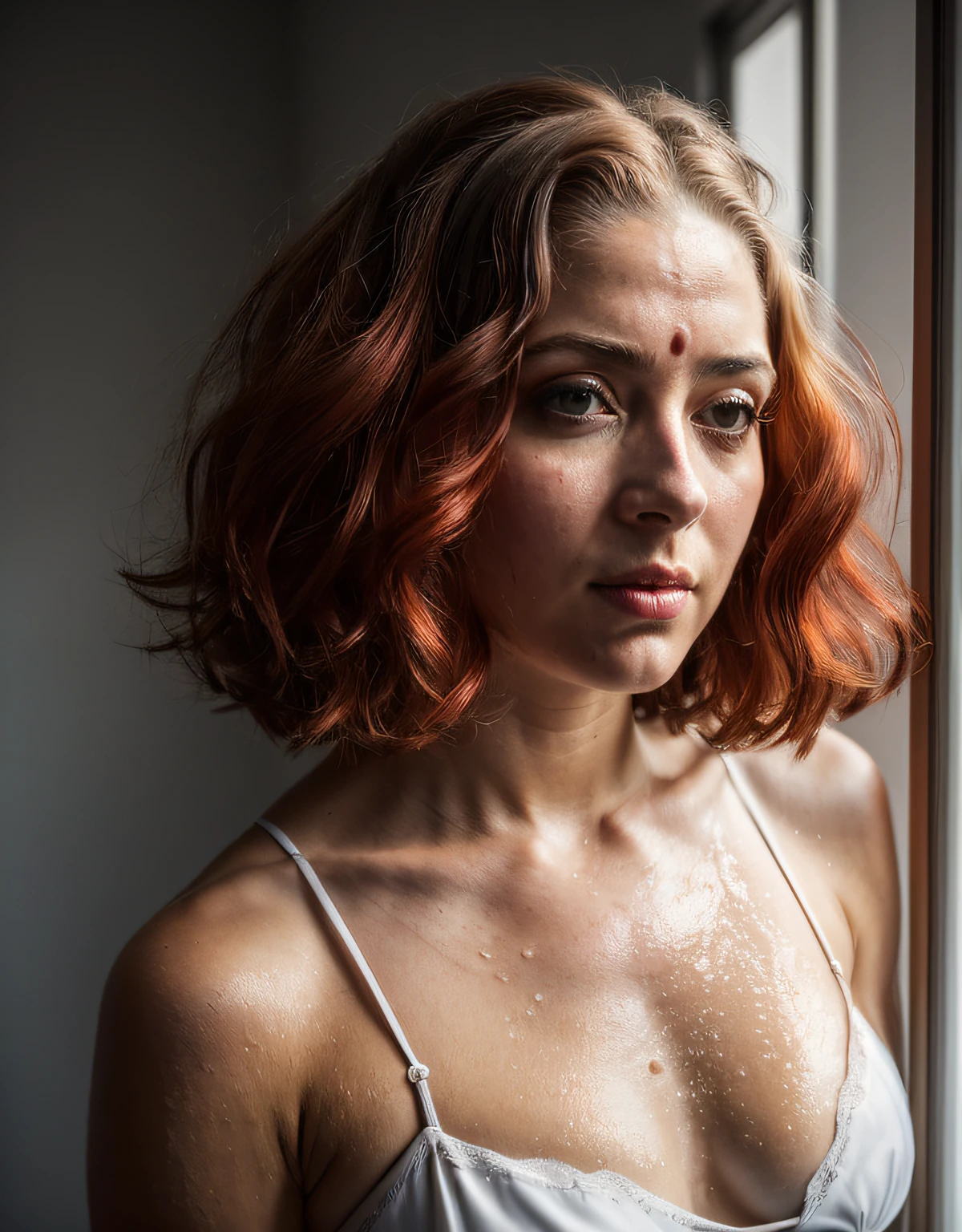 (8k, Foto RAW, extremely high quality),(epic realistic:1.5), a girl, ((tomando banho)), corpo molhado, de corpo inteiro, erotic face ,Camisa,(olhos detalhados:0.8),(looking at the camera:1.4), (extremely high quality), (melhor sombra),detalhes intrincados,cinemactic,((pele:1.4)),interior, (cabelo longo de rabo de cavalo gengibre:1.3),Dark Studio,(HDR:1.5),circunstanciado, cores silenciadas, sardas, (clear lighting: 0.7), master part, tiro grande angular, Foto RAW (19-year-old pale Irishwoman, olhando para o espectador) (Agora mesmo, despenteado, com cabelos vermelhos brilhantes emaranhados), (sentado), retrato de corpo inteiro, rosto perfeito, olhos cativantes, detalhes brilhantes, pouting lips (alto detalhe da pele), sardas, wet medium breasts, Duro  (Tonalidade: 0.6), (sujo: 0.8), (Bloody: 0.7), key lighting, (luz de fundo: 0.5), medium depth of field, 5D Canon, O 50mm, F/4 aberturas, (ultra-detalhado, Detalhe complexo), foco nítido, 8k, Absurdo, 8mm film grain, flirting with camera