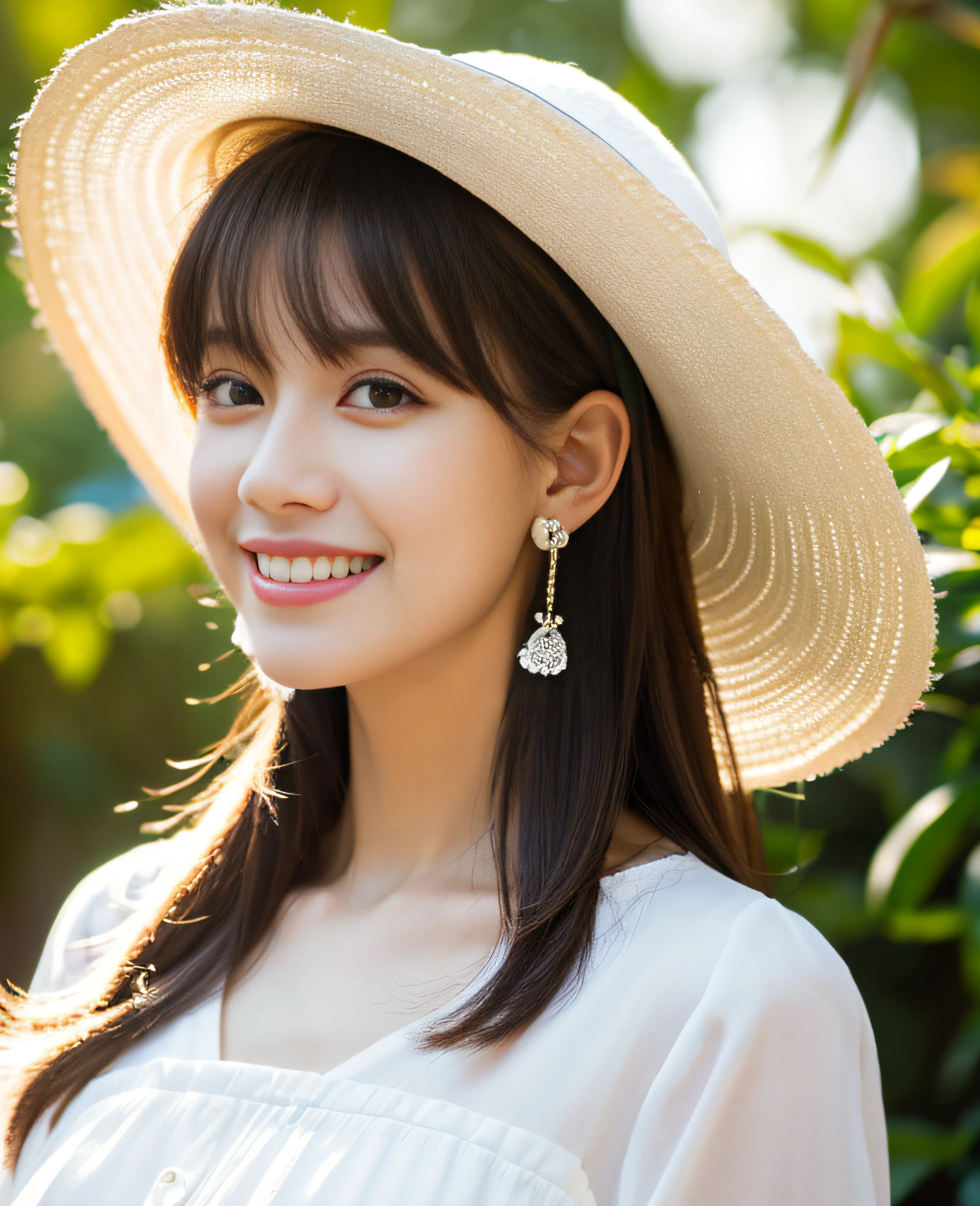 ((Masterpiece)), 8k, Masterpiece, Best Quality, 1 Girl, Solo, Realistic, Garden, Photorealistic, Super Detailed, Detailed Background, (Solo:1.4), Portrait is in the Center, Super High Resolution full body shot ((no hands)) Front facing sunlight, happy expression, slender figure, realistic, highly detailed hair, intricate details, masterpiece, best quality, standing, cityscape, outdoor, (white hat: 1.2), (big hat: 1.2), sitting, white chair, white table, tea set on the table, white tea cup, (garden), dynamic light, quiet, calm , smiling, side view, profile, looking viewer, earrings, long straight black hair, asymmetrical bangs, pretty baby bangs, small breasts, flat chest, natural breasts, half hair, ultra high resolution background , Grab a Tea Cup (Detailed Eyes), (Detailed Facial Features), (Detailed Clothes Features), (Ultra High Resolution),