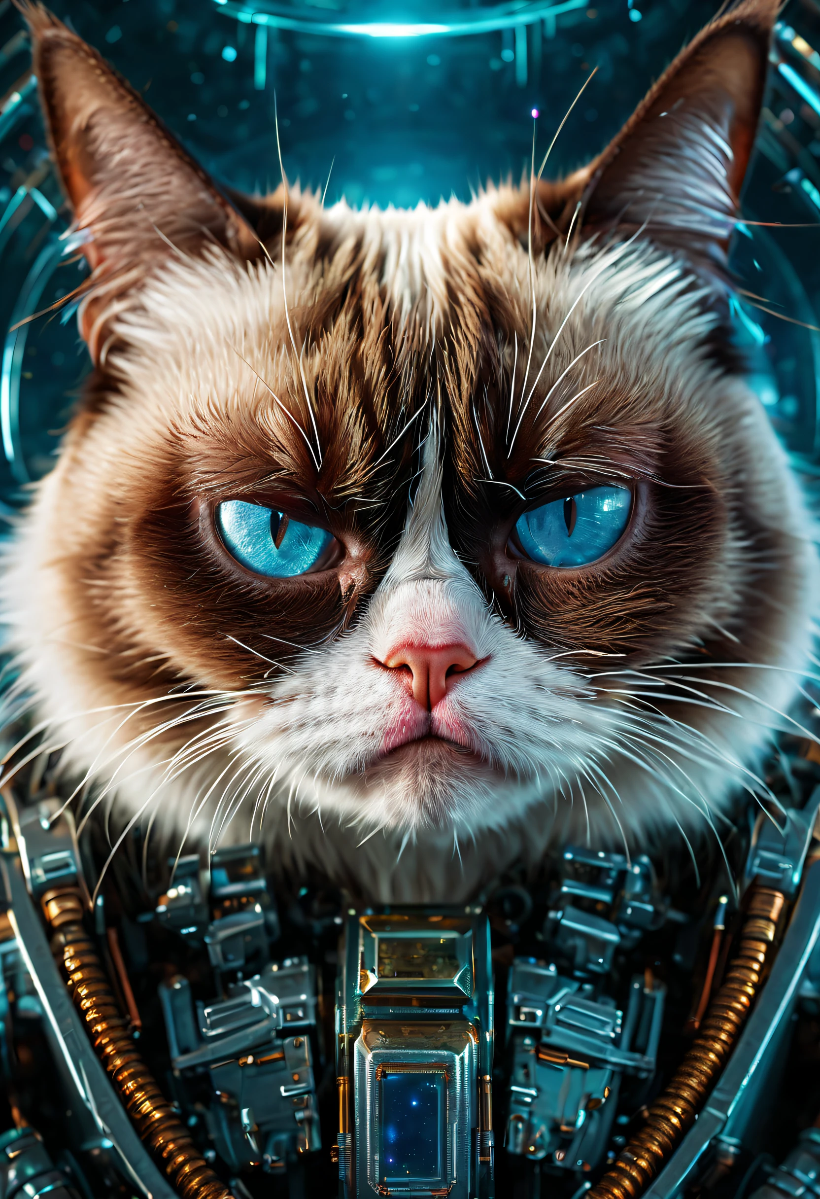 biomechanical style, close up portrait of (the Grumpy Cat:1.25) in a space, looking thru the glass with endless sadness at the universe passing by, 2d masterpiece by john Wilhelm, (grumpy:1.2), (cyberpunk:1.4), photo-realistic, unimaginable space beauty, octane render, wide lens, lens flares, (best quality:1.9), UHD, blend of organic and mechanical elements, futuristic, cybernetic, detailed, intricate