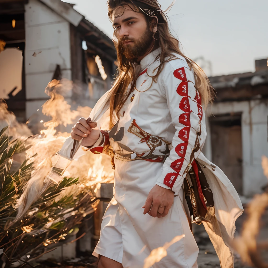 Handsome boy with white autfit, ultra realistic, change background into fire,long hair.