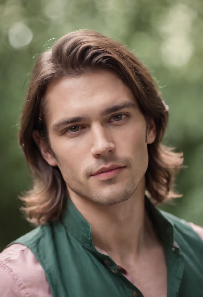 male with brown hair shoulder length green and pink