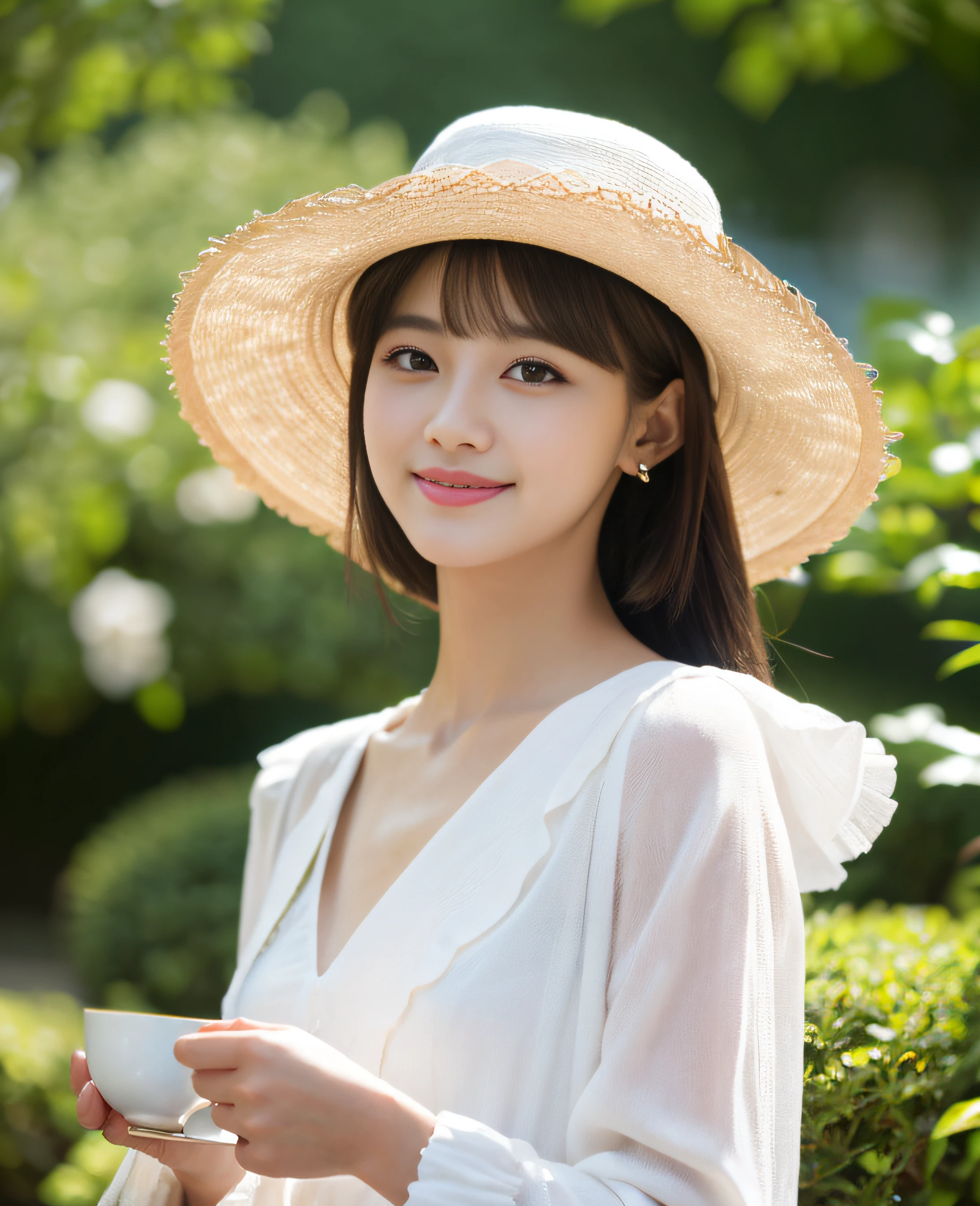 ((Masterpiece)), 8k, Masterpiece, Best Quality, 1 Girl, Solo, Realistic, Garden, Photorealistic, Super Detailed, Detailed Background, (Solo:1.4), Portrait in the Center, ((Super High resolution waist shot)), facing forward, happy expression, slender figure, realistic and highly detailed hair, intricate detail, masterpiece, top quality, standing, cityscape, outdoor, (white hat: 1.2) , (big hat: 1.2), sitting, white chair, white table, tea set on the table, white tea cup, (garden), dynamic light, quiet, calm, smile, side view, Profile, looking at the viewer, earrings, long straight black hair, asymmetrical bangs, cute baby bangs , small breasts, flat chest, natural breasts, half hair, super high resolution background, grabbing a teacup (eyes details), (details of face), (details of clothes), (ultra high resolution),
