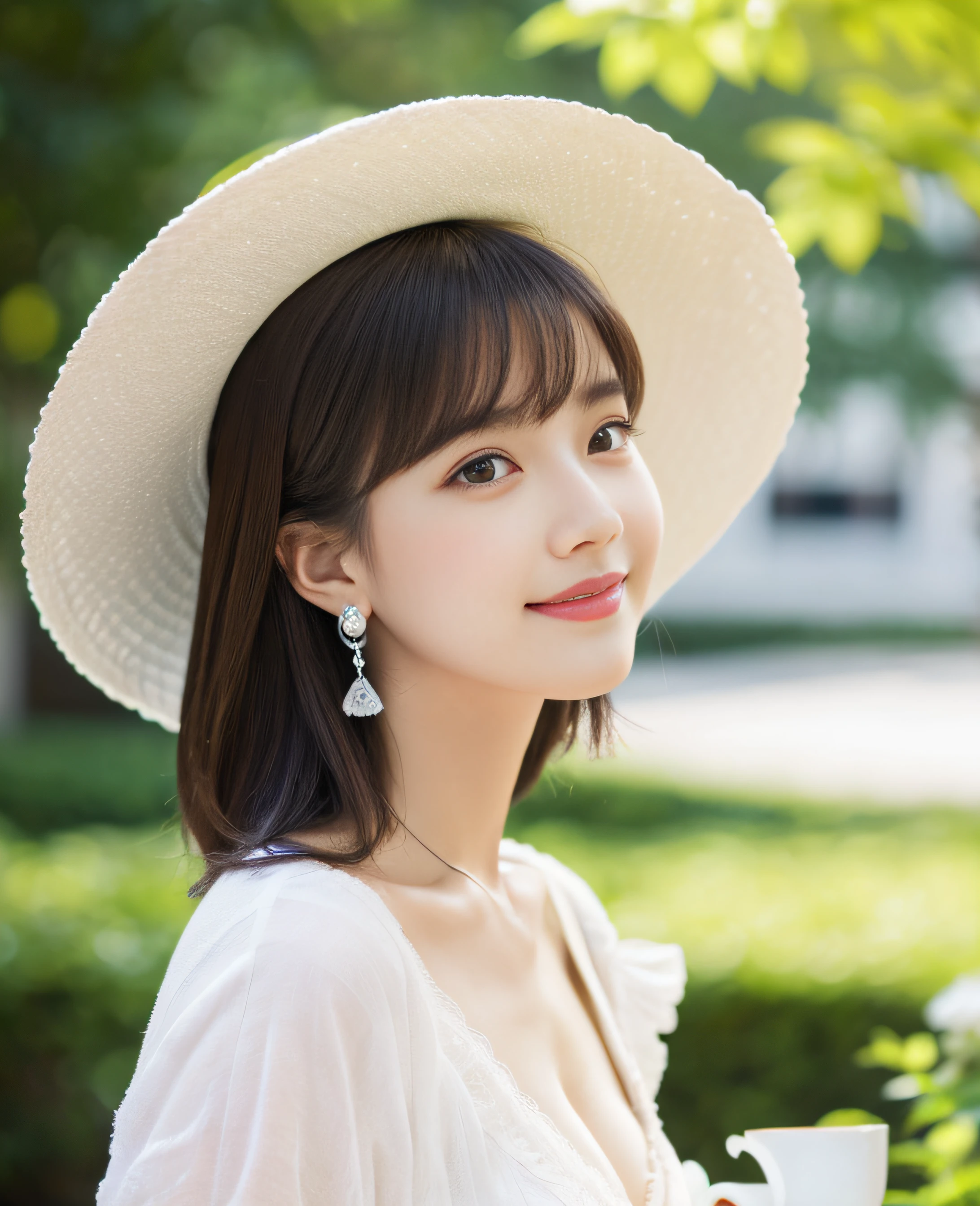 ((Masterpiece)), 8k, Masterpiece, Best Quality, 1 Girl, Solo, Realistic, Garden, Photorealistic, Super Detailed, Detailed Background, (Solo:1.4), Portrait in the Center, ((Super High resolution waist shot)), facing forward, happy expression, slender figure, realistic and highly detailed hair, intricate detail, masterpiece, top quality, standing, cityscape, outdoor, (white hat: 1.2) , (big hat: 1.2), sitting, white chair, white table, tea set on the table, white tea cup, (garden), dynamic light, quiet, calm, smile, side view, Profile, looking at the viewer, earrings, long straight black hair, asymmetrical bangs, cute baby bangs , small breasts, flat chest, natural breasts, half hair, super high resolution background, grabbing a teacup (eyes details), (details of face), (details of clothes), (ultra high resolution),