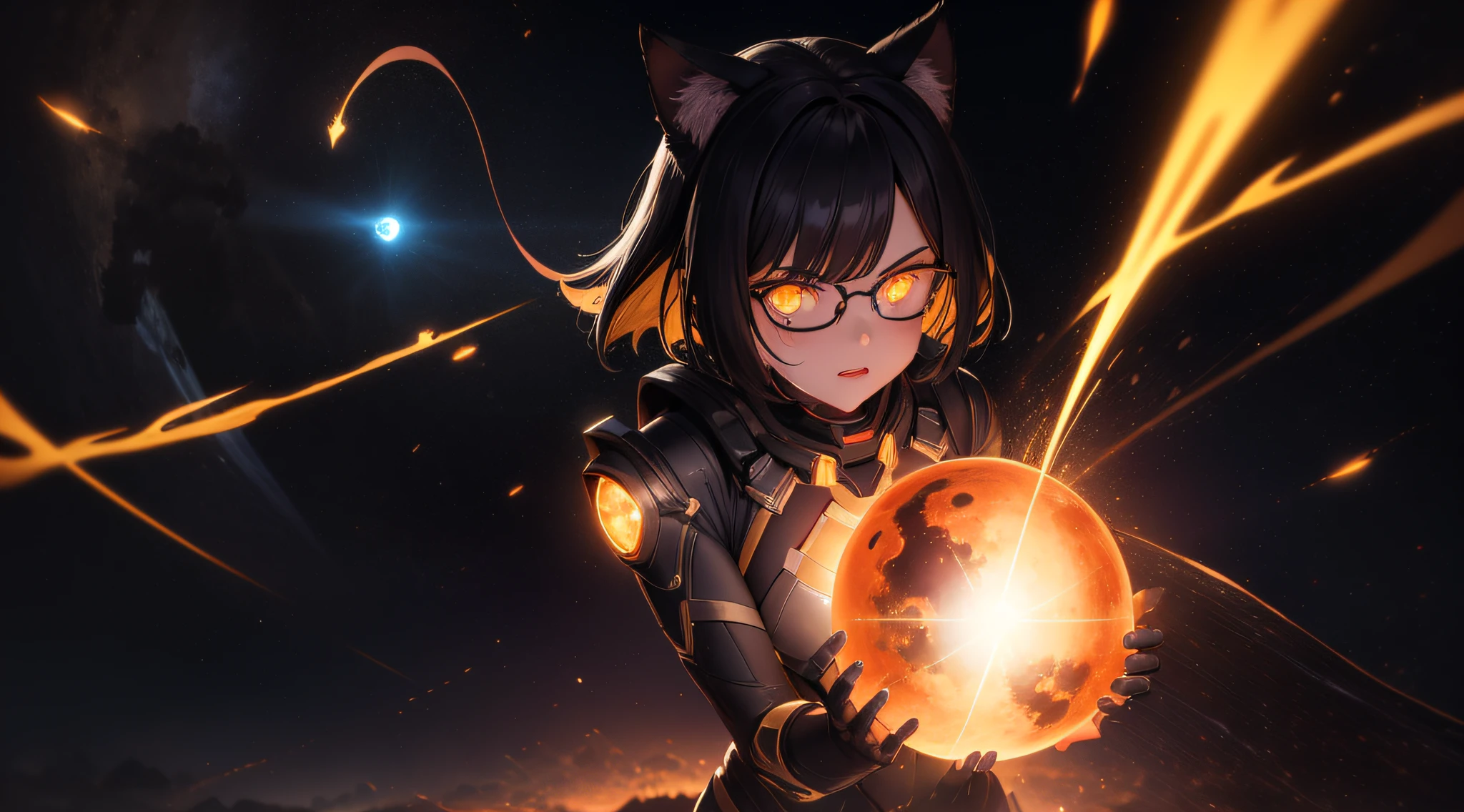 1girl, short black messy bob hair with glowing inside, bright glowing yellow eyes, Round glasses, light brown skin, petite body, wearing a glowing cyber armor attire, wearing glowing long white translucent pants, glowing, absurdres, high res, ultrasharp, 8k, masterpiece, looking away from camera, outer space, short sleeve, planet, nebula, bangs, flat chest, whiskers, androgynous, long nails, glowing outfit, transcending, power emanating from her, lightning, glowing aura around her, glowing tattoos on the face, yandere, red lightning, angry expression, gravitational lensing, glowing cat ears, glowing face painting, planet collision, glowing body lines, smiling manically, Black hole from the movie interstellar, space debris, neutron star, battle scars, blood, war veteran, gaping wounds,battle ready pose, fists balled up, Spaceships on fire in the background, halo spartan armor