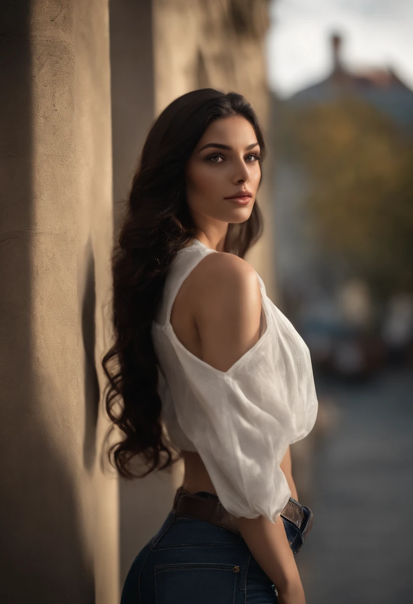 Photo of a 25-year-old European girl, .RAW, beautiful woman, ( long wavy black hair), gros sein moyen , ((portrait)), ((Detailed face: 1.2)), ((Detailed facial features)), (finely detailed skin), pale skinned, Highly detailed deep-neckline skin-tight leather shorts with white top , Environment of megacities, (couleurs froides), humide, humide, reflections, (Masterpiece) (proportion parfaite)(photo realist)(Best quality) (Detailed) photographed on a Canon EOS R5, Objectif 50mm, f/2.8, Hdr, (8k) (wallpaper) (lighting cinematic) (dramatic lighting) (mise au point nette) (complexe) , visage avec baiser soufflant ,