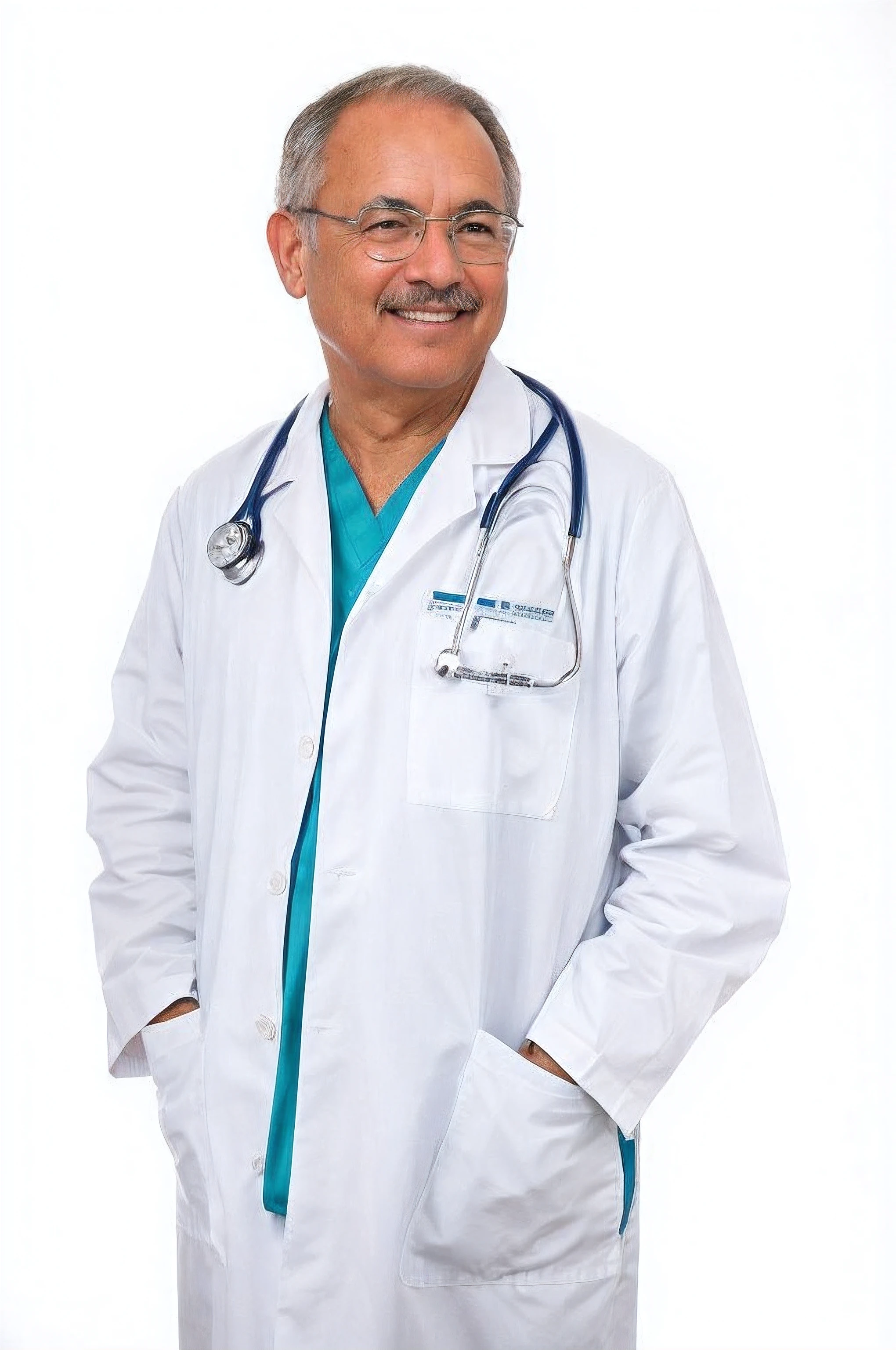 A 67-year-old experienced doctor in a white coat, vestindo uma camiseta azul e cinza, with a stethoscope around the neck. He is also wearing glasses and has a mustache. The doctor has beautiful detailed eyes, with long eyelashes and a gentle look. His face is extremely detailed, showing wisdom and experience. The lab coat is made of a high-quality material, giving it a crisp and professional look. A camiseta azul e cinza adiciona um toque de cor ao traje geral. The doctor stands confidently, com um sorriso suave no rosto. He has a medical record in one hand and a pen in the other, pronto para tomar notas. The stethoscope around the neck indicates your expertise in the medical field. The glasses he wears add a touch of intelligence and sophistication to his appearance. The backdrop to the scene is a well-equipped doctor's office, with shelves full of books and medical equipment. Lighting is bright and professional, Creating a clean and sterile atmosphere. Color tone is crisp and vibrant, with a focus on fresh tones to convey a sense of professionalism and tranquility.