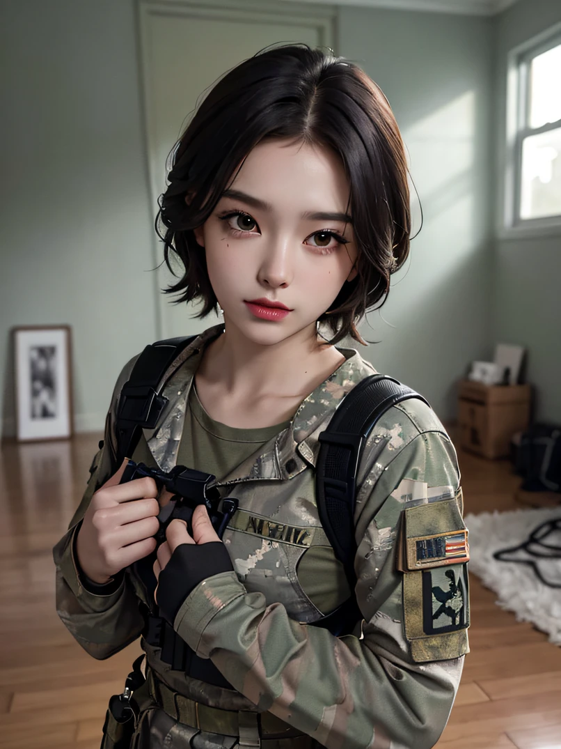 （​masterpiece、ultra fine photos、top-quality、超A high resolution、Photorealsitic、foco nítido、bustshot）、Beautiful Female Soldier、delicated face、fair white skin、High Detail Skin、realistic skin detail、Cropped Shorthair、Combat equipment、Army long sleeve camouflage uniform over black undershirt、Camouflage pants、Combat gloves、Holding the rifle with both hands、rucksack、Detailed and complex busy background、A room in an abandoned building、White smoke、Detailed face and chest depiction、Detailed hand depiction、combat pose、Dynamic action、watching at viewers