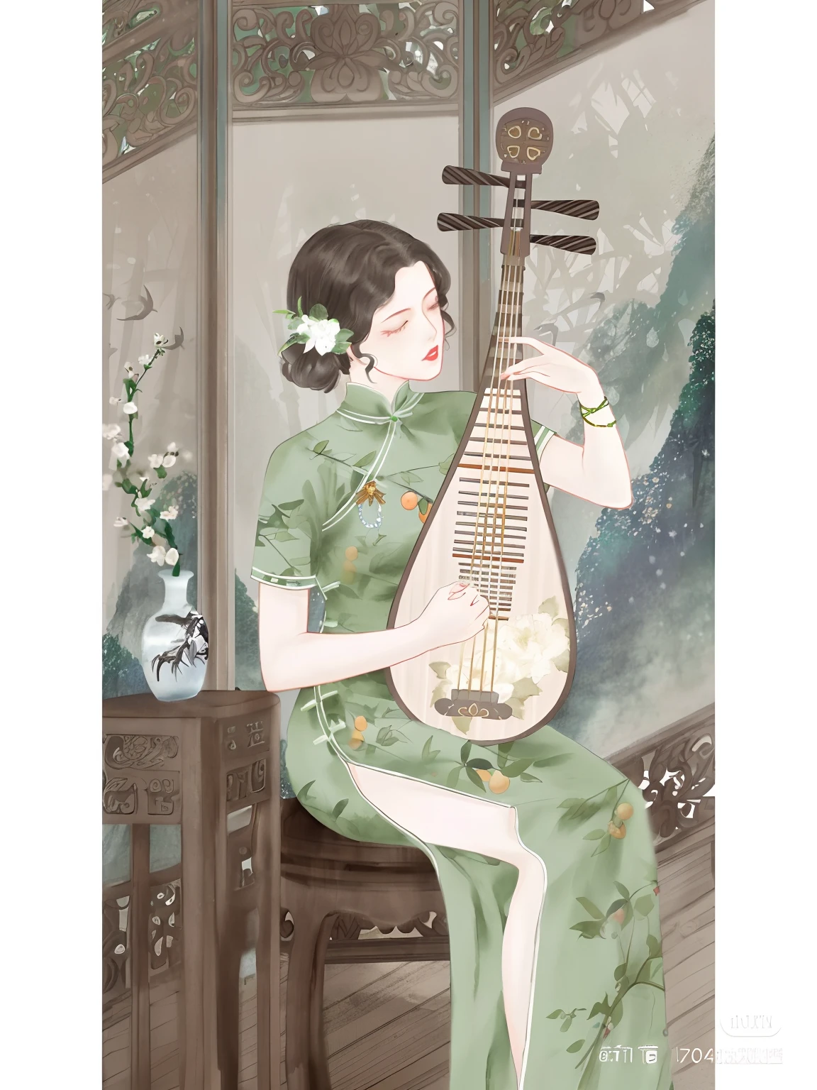 Drawing a woman in a green dress playing an instrument, Chinese style painting, is playing a lute, Chinese painting style, Traditional Chinese painting, Chinese watercolor style, inspired by Tang Yin, inspired by Gu Kaizhi, ancient china art style, author:Qu Leilei, Traditional Chinese art, Palace , A girl in Hanfu, Inspired by Tang Yifen