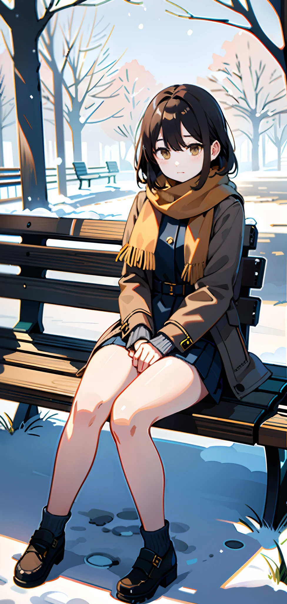 (masterpiece),(best quality), Yuki, brown fur, scarf, Knee thighs, blank eyes, expressionless face, park, waiting, bench, snow, Snowing, tree, Nature,