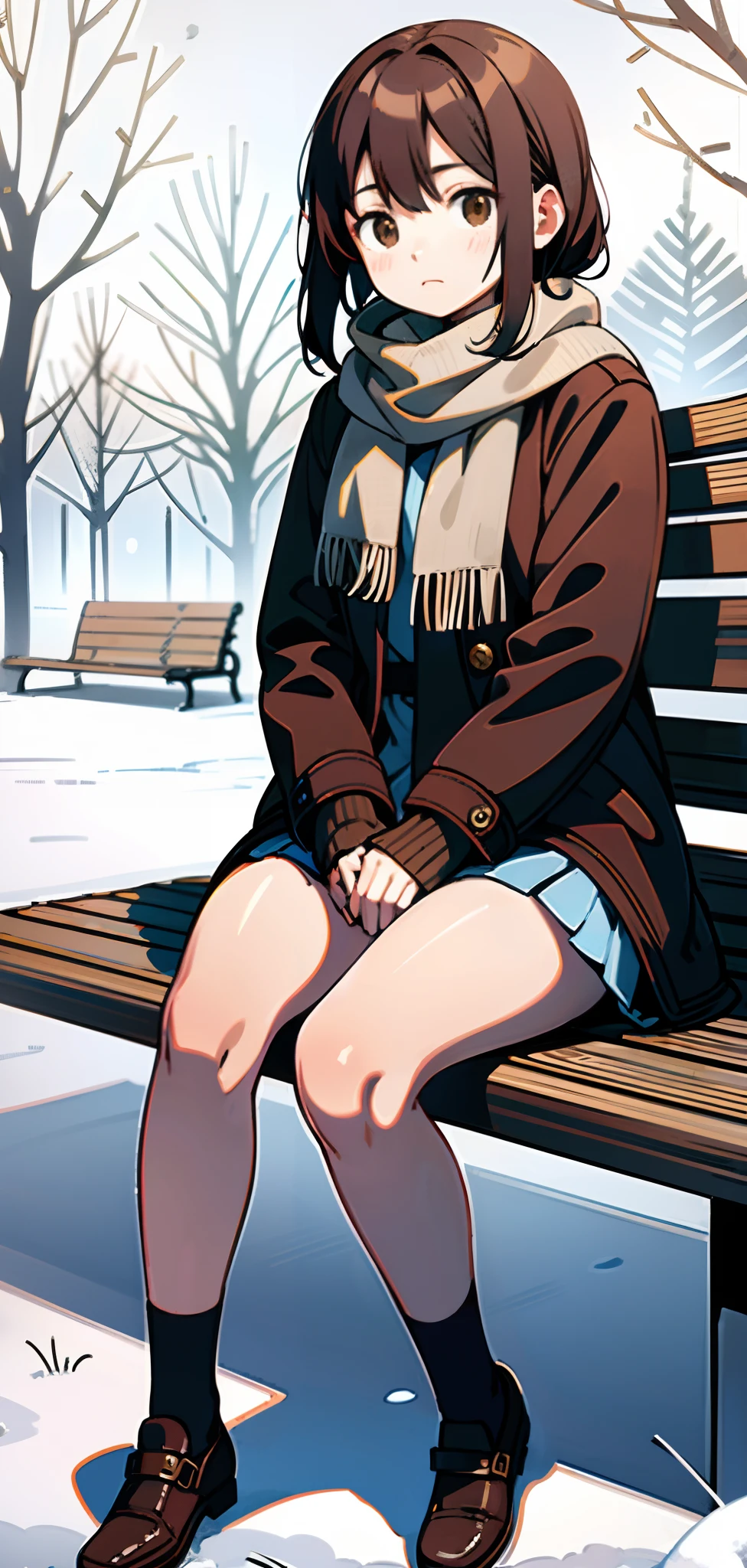 (masterpiece),(best quality), Yuki, brown fur, scarf, Knee thighs, blank eyes, expressionless face, park, waiting, bench, snow, Snowing, tree, Nature,