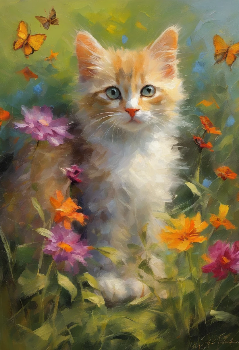 (Best quality,Ultra-detailed,Realistic),A kitten watching a butterfly,Beautiful detailed eyes,curious expressions,with its soft fur,Small paws,Fluffy tail,Cute beard,Sun-drenched garden background,Lush green grass,Bright flowers,Delicate butterfly wings,Float gracefully,Colorful petals,Gentle breeze,Playful movements,Vivid colors,Artistic rendering,subtly lit