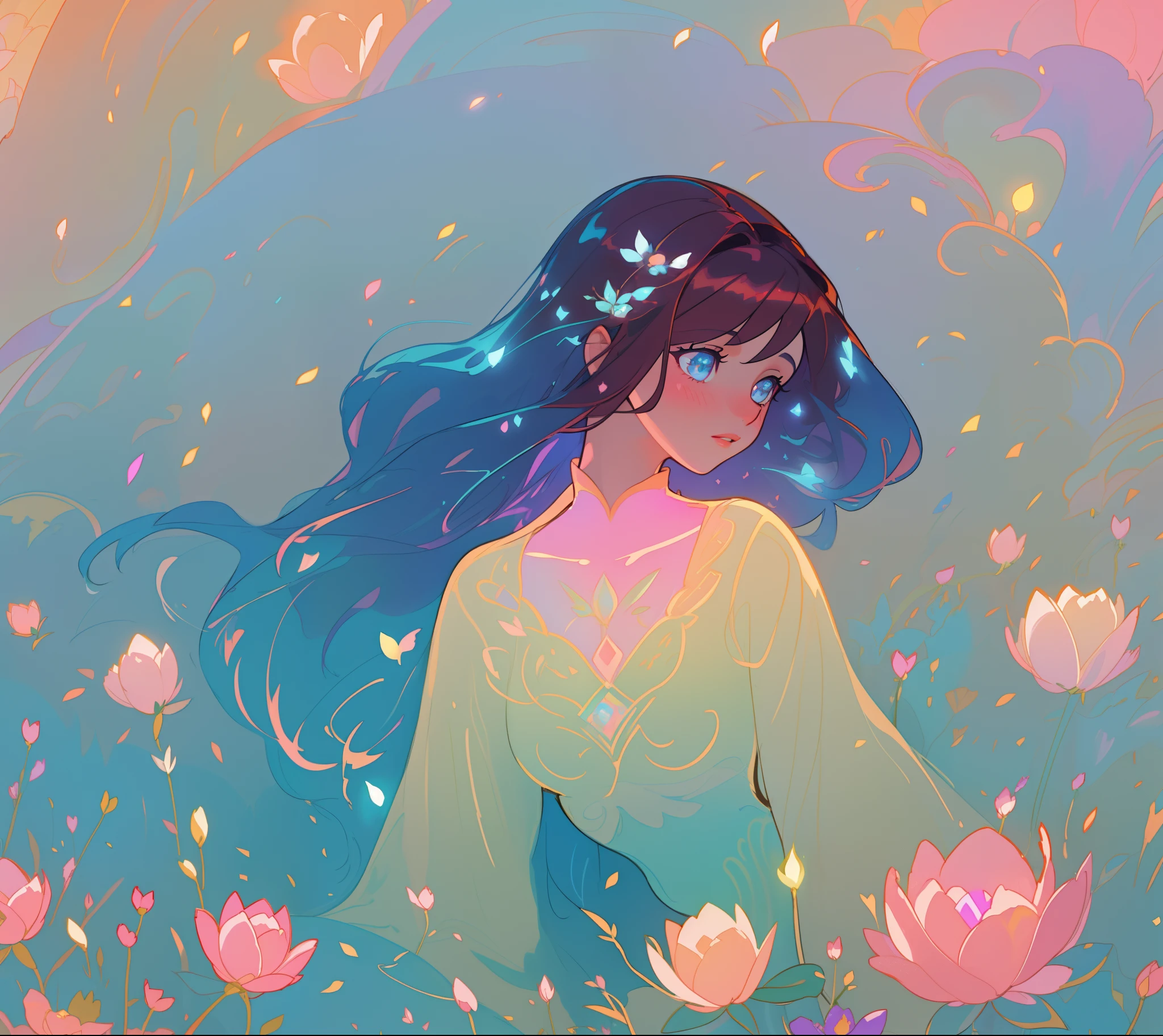 beautiful girl in flowing dress, long flowing dark hair, beautiful girl sitting in a field of flowers, meadow landscape, flower field background, flowers, vibrant pastel colors, (colorful), magical lights, sparkling lines of light, inspired by Glen Keane, inspired by Lois van Baarle, disney art style, by Lois van Baarle, glowing aura around her, by Glen Keane, jen bartel, glowing lights! digital painting, flowing glowing hair, glowing flowing hair, beautiful digital illustration, fantasia background, whimsical, magical, fantasy, beautiful face, ((masterpiece, best quality)), intricate details, highly detailed, sharp focus, 8k resolution, sparkling detailed eyes, liquid watercolor