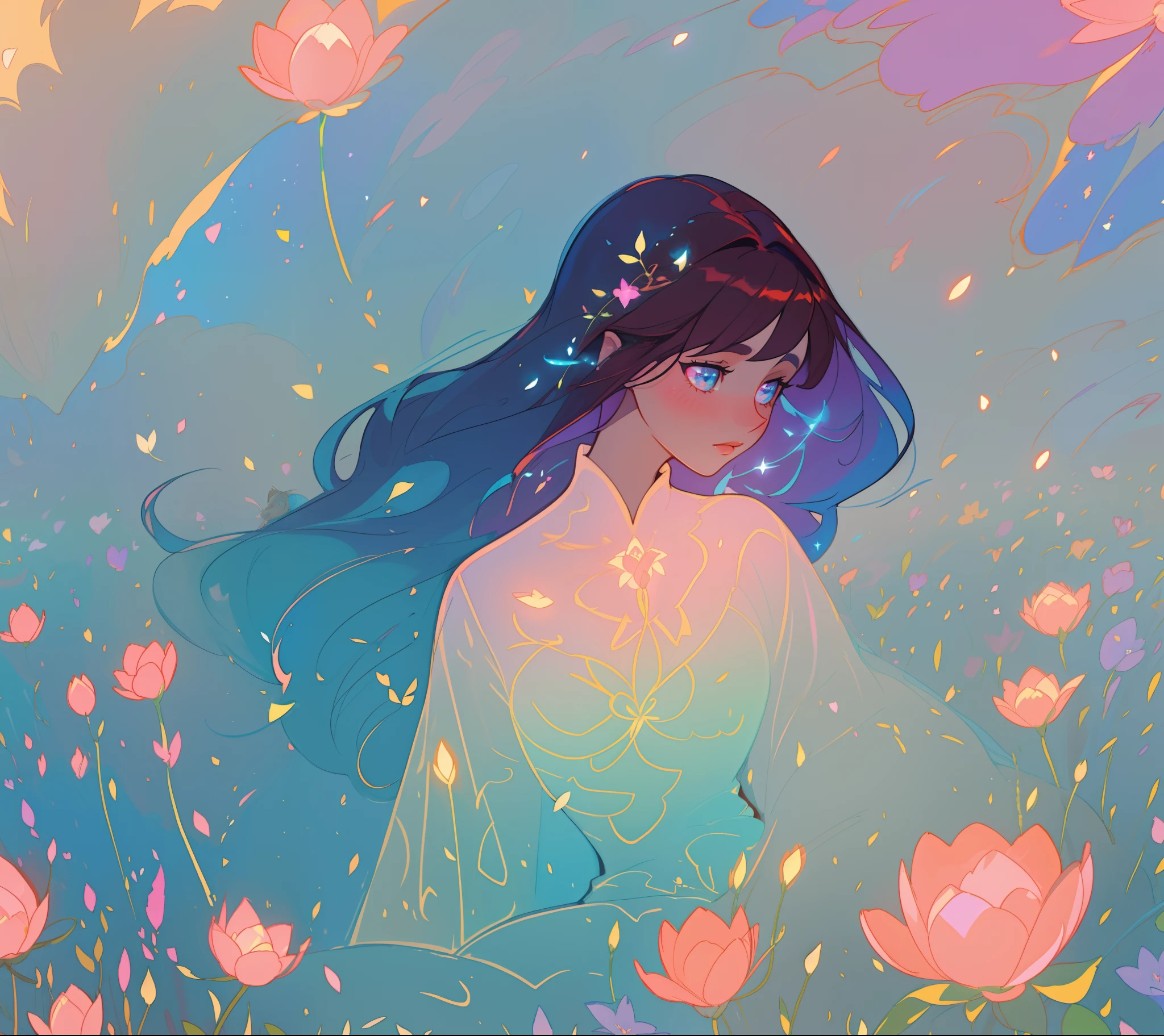 beautiful girl in flowing dress, long flowing dark hair, beautiful girl sitting in a field of flowers, meadow landscape, flower field background, flowers, vibrant pastel colors, (colorful), magical lights, sparkling lines of light, inspired by Glen Keane, inspired by Lois van Baarle, disney art style, by Lois van Baarle, glowing aura around her, by Glen Keane, jen bartel, glowing lights! digital painting, flowing glowing hair, glowing flowing hair, beautiful digital illustration, fantasia background, whimsical, magical, fantasy, beautiful face, ((masterpiece, best quality)), intricate details, highly detailed, sharp focus, 8k resolution, sparkling detailed eyes, liquid watercolor