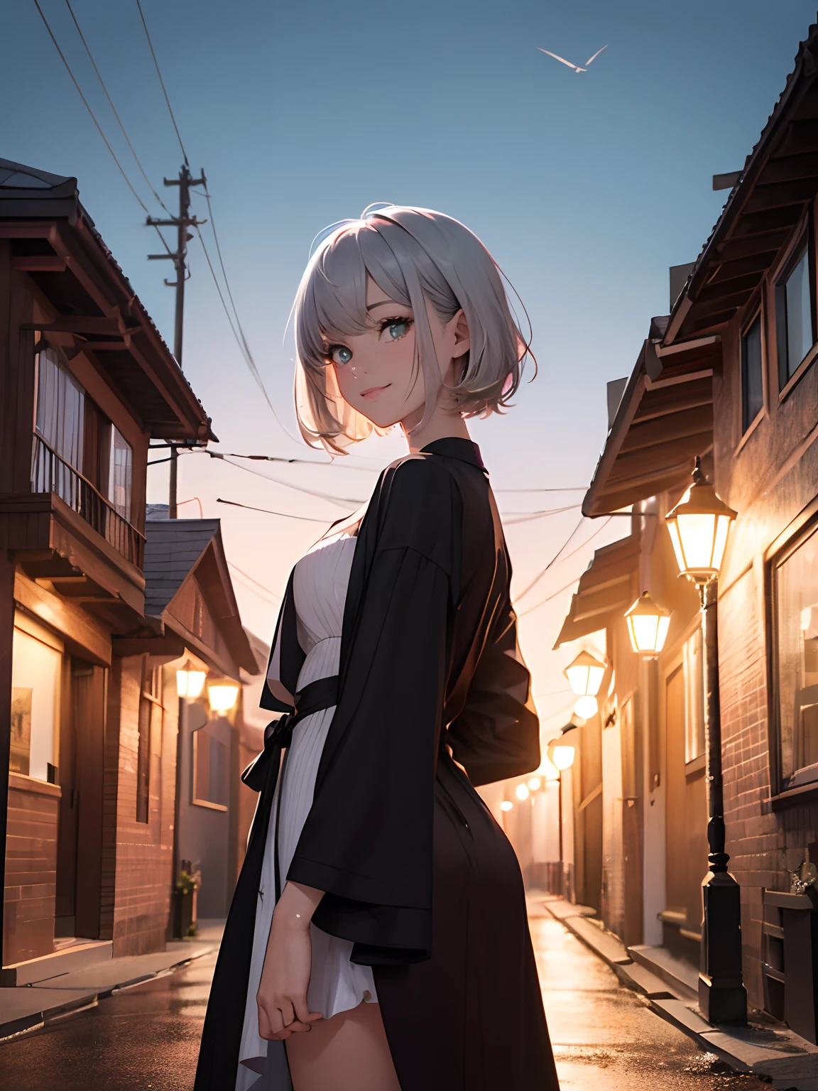 (ultra-realistic, highres, best quality, 4k, professional, cowboy shot, beauty sky, in the night), an illustration in Full HD that showcases a 21-year-old girl's cool style, beauty eyes, sharp eyes. Her Asymmetric Pixie hairstyle, silver hair, short hair, and left-facing bangs with red highlights make her stand out, Hands behind your back, hide your hands behind your back. Smile, She's dressed fashioned robe dress, green mountain, beauty sky, in the night, exuding confidence and individuality.