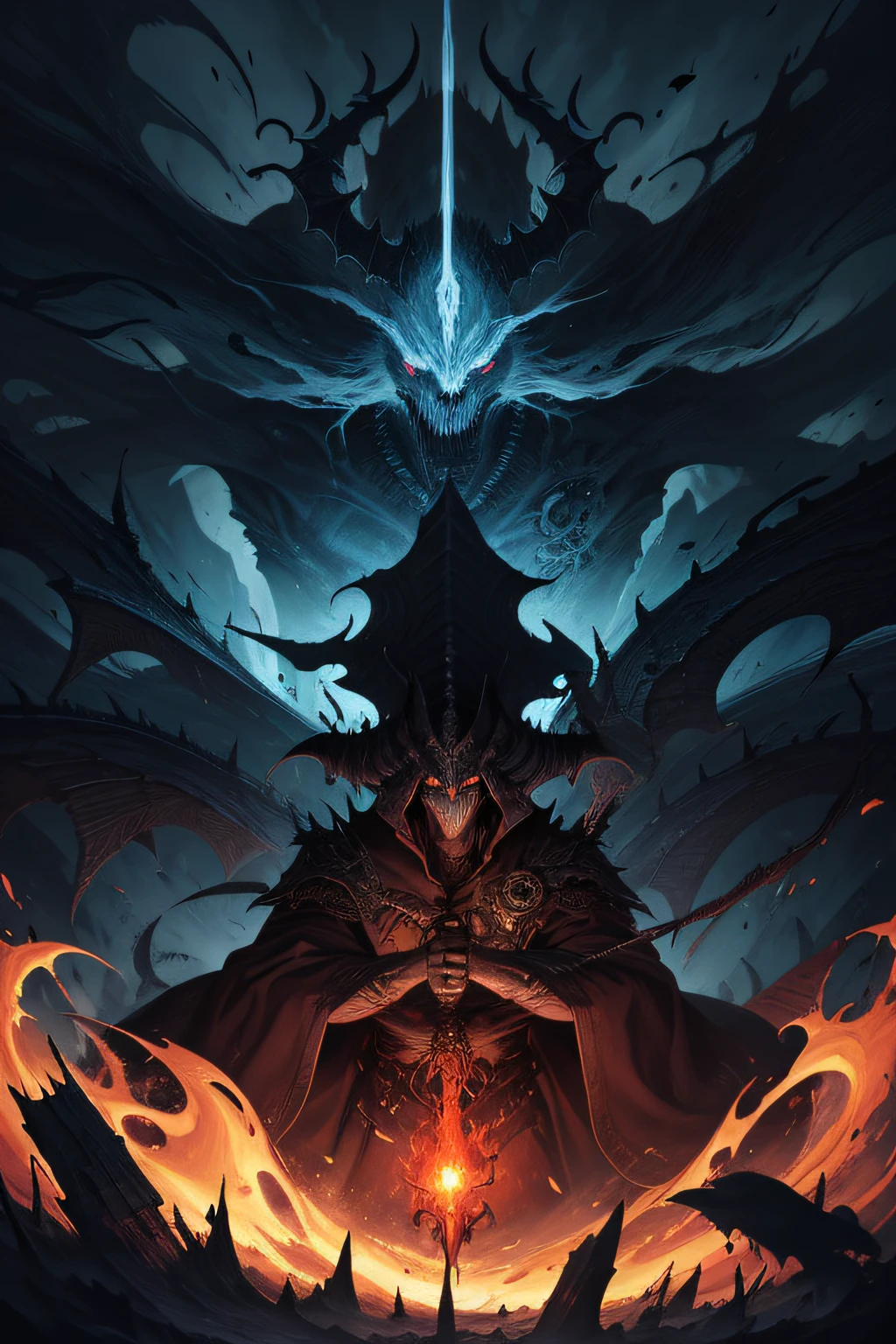 Devil image,The undead wizard wields a spell,Create a wave of destruction, Highly detailed, Fantasy world, Clean design, art stations, contours, hyper detailed intricately detailed, illusory engine, Fantastical, intricately details, Splash screen, Complementary colors, fantasy concept art, Deviantart's masterpiece, Oil painting, Heavy strokes, paint drips