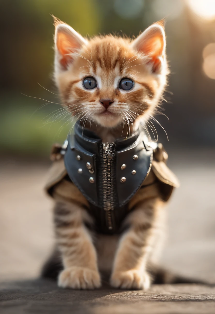 Perfectly centered, cute kitten, wearing jacket, sunglasses, steel bullet armor, cheerful, standing pose, abstract beauty, centered, looking at camera, facing camera, close to perfect, dynamic, high details, smooth, sharp focus ,8K