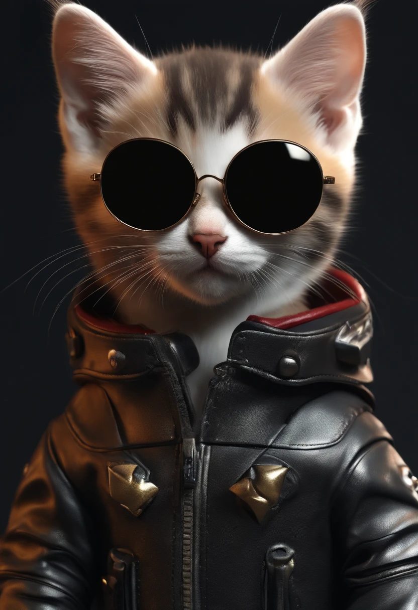 Perfectly centered, cute kitten, wearing jacket, sunglasses, steel bullet armor, cheerful, standing pose, abstract beauty, centered, looking at camera, facing camera, close to perfect, dynamic, high details, smooth, sharp focus ,8K